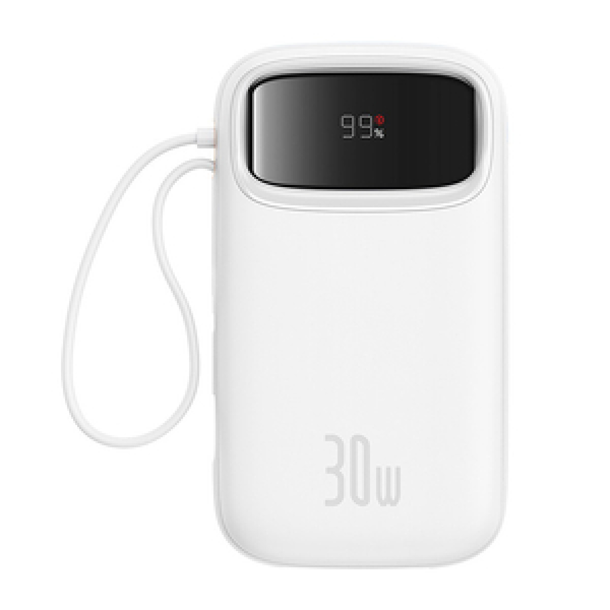 Biały przenośny power bank z wyświetlaczem 99% i etykietą 30W.
