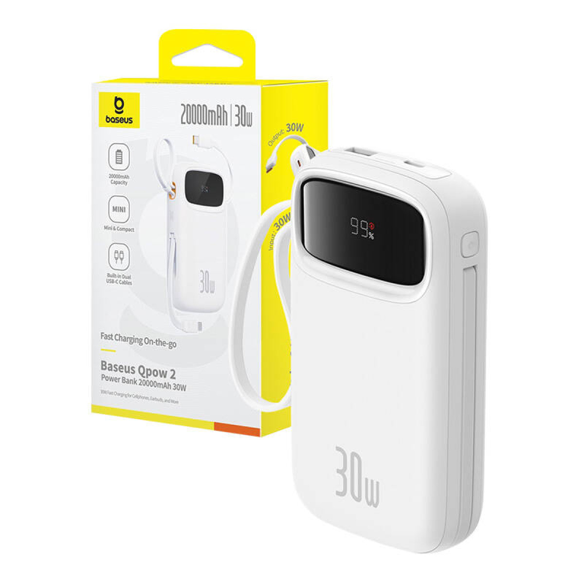 Eine weiße Powerbank mit einer Box. Es zeigt 99% und einen 30W-Ausgang. Weißer Hintergrund.