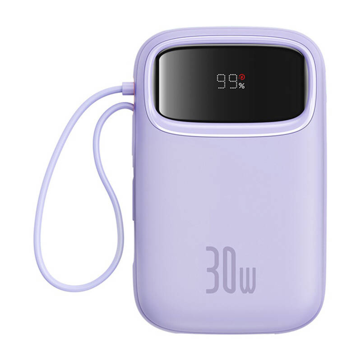 Un power bank viola con display digitale che mostra il 99% e la scritta '30w'.