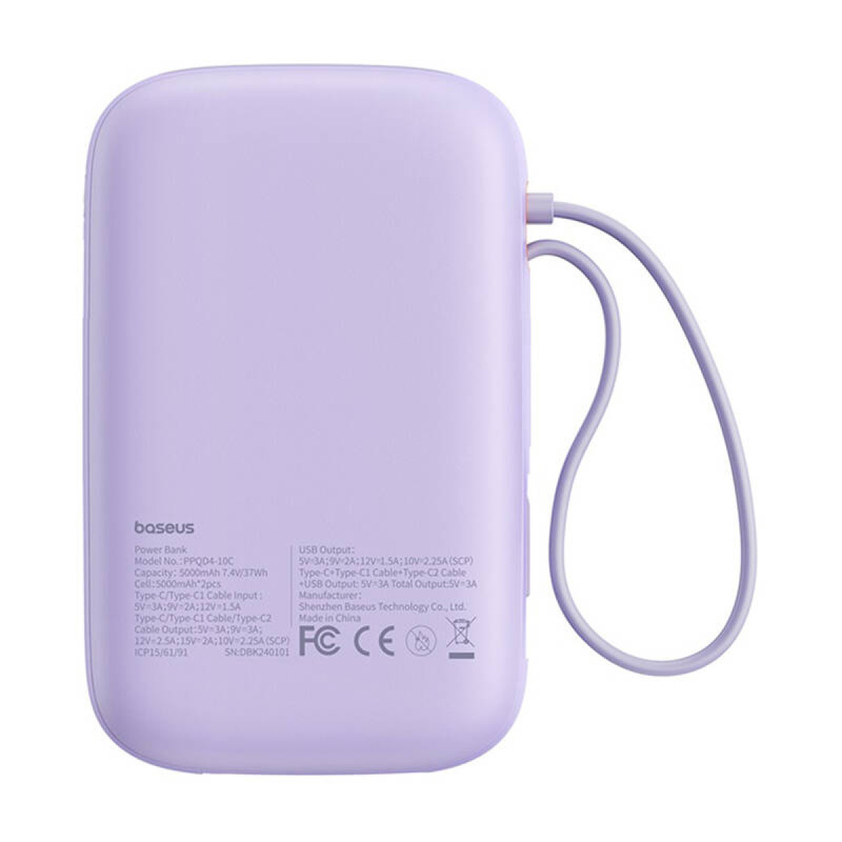 Power bank viola con un cinturino, con specifiche sul retro, su sfondo bianco.