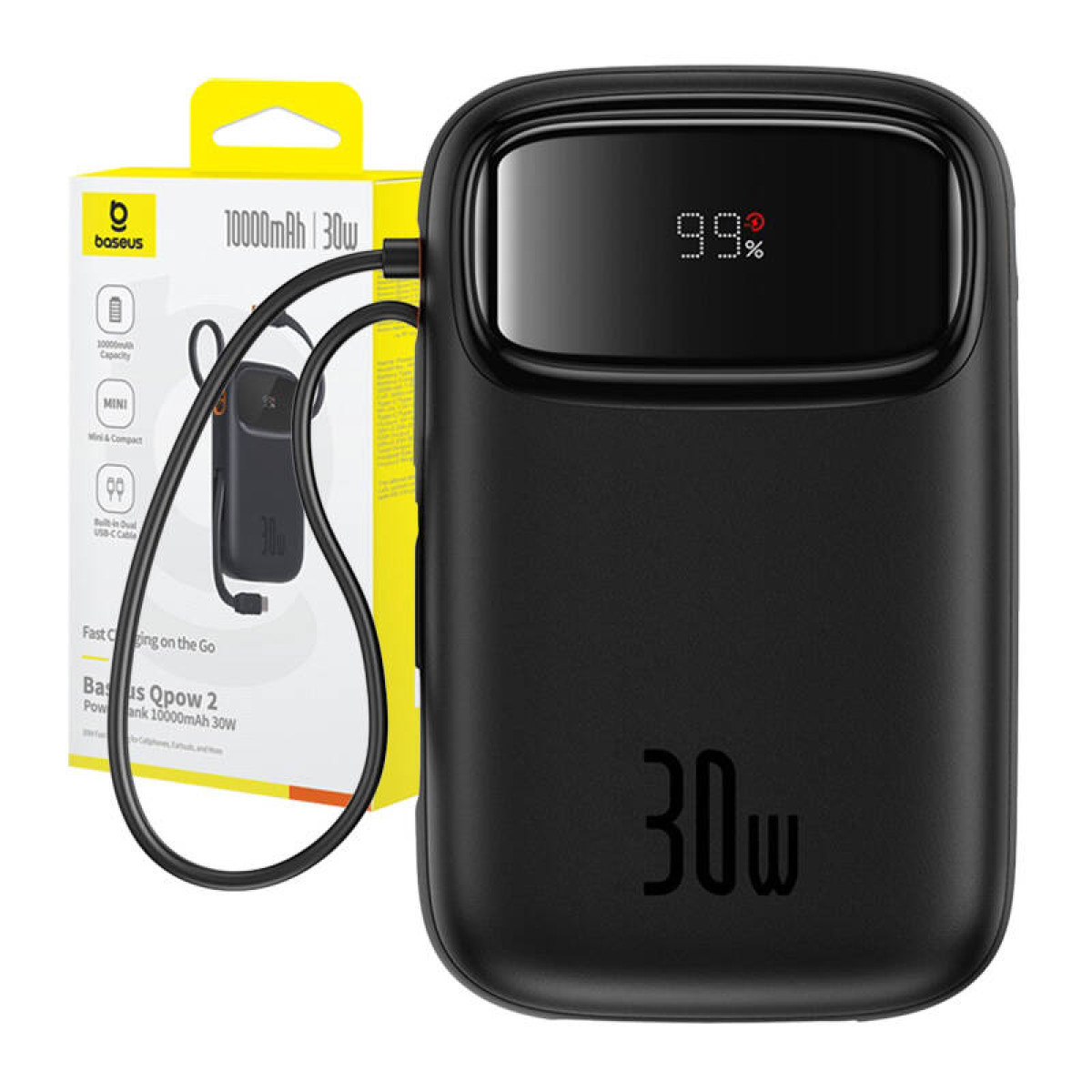 Schwarze Powerbank mit digitaler Anzeige, die 99 % anzeigt, und einem Ladekabel.