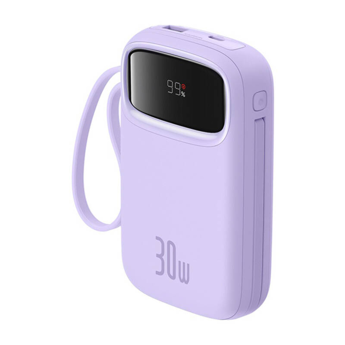 Power bank viola con display che mostra 99% e cavo di ricarica.