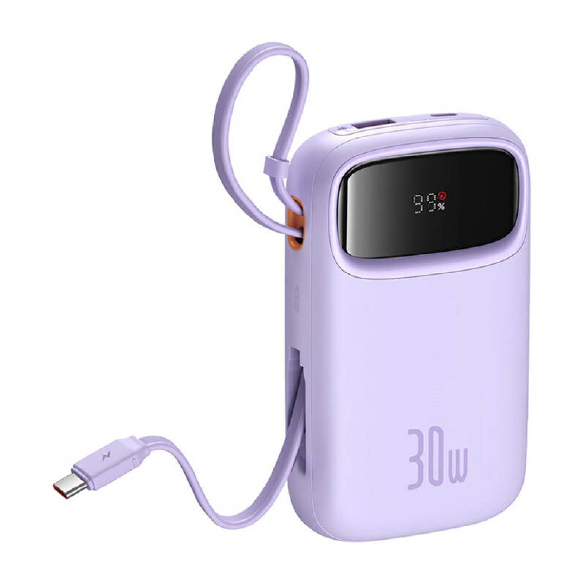 Power bank viola con uscita 30W, display digitale che mostra 99% carica e cavo di ricarica USB-C.