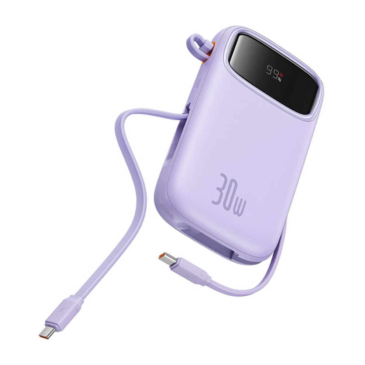 Un power bank viola con un cavo di ricarica. Il power bank mostra la percentuale di carica.