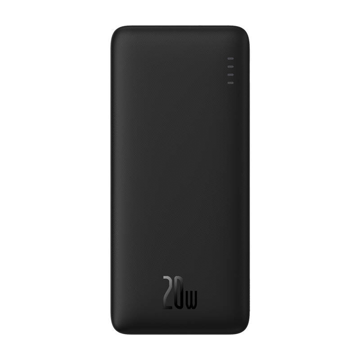 Czarny power bank z etykietą 20W. Cztery białe lampki kontrolne u góry.