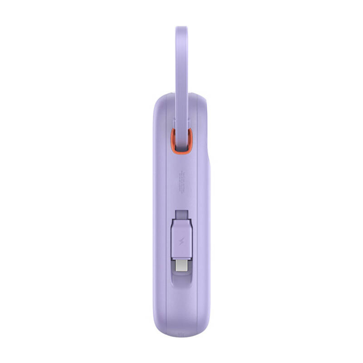 Caricabatterie portatile viola con porta USB e cinturino. Vista laterale.