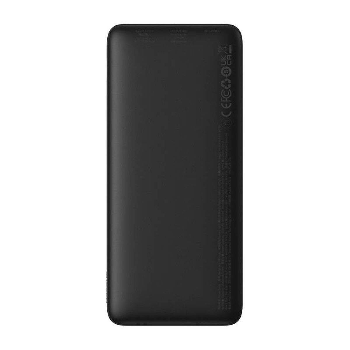 Czarny, prostokątny power bank z tekstem i portami. Widok z góry, gładka powierzchnia.