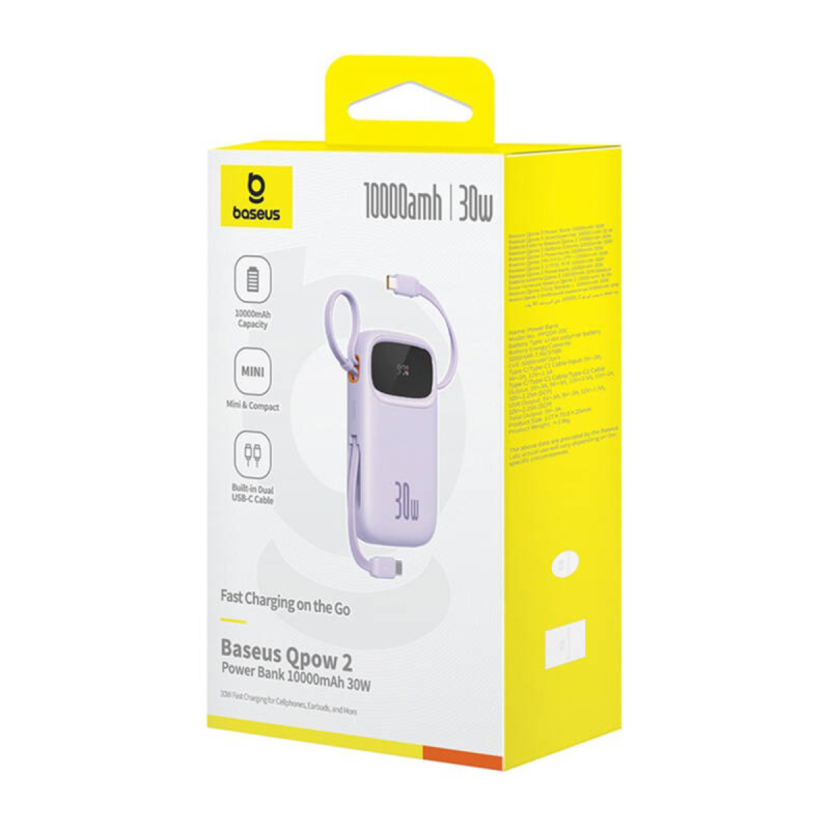 Power bank in una scatola gialla. Ha un power bank viola e un cavo di ricarica.