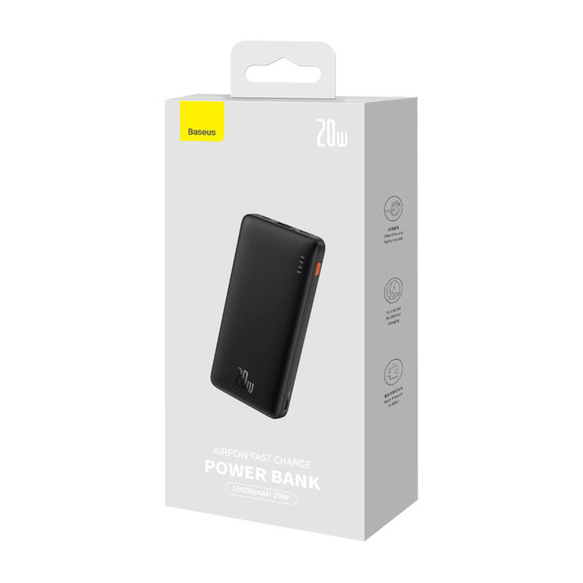 Eine schwarze Powerbank in einer weißen Box, beschriftet mit 'AIRPOW FAST CHARGE POWER BANK'.