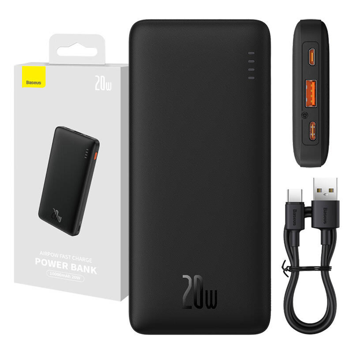 Schwarze Powerbank mit Box und USB-Kabel, 20 W Schnellladung und 10000 mAh.
