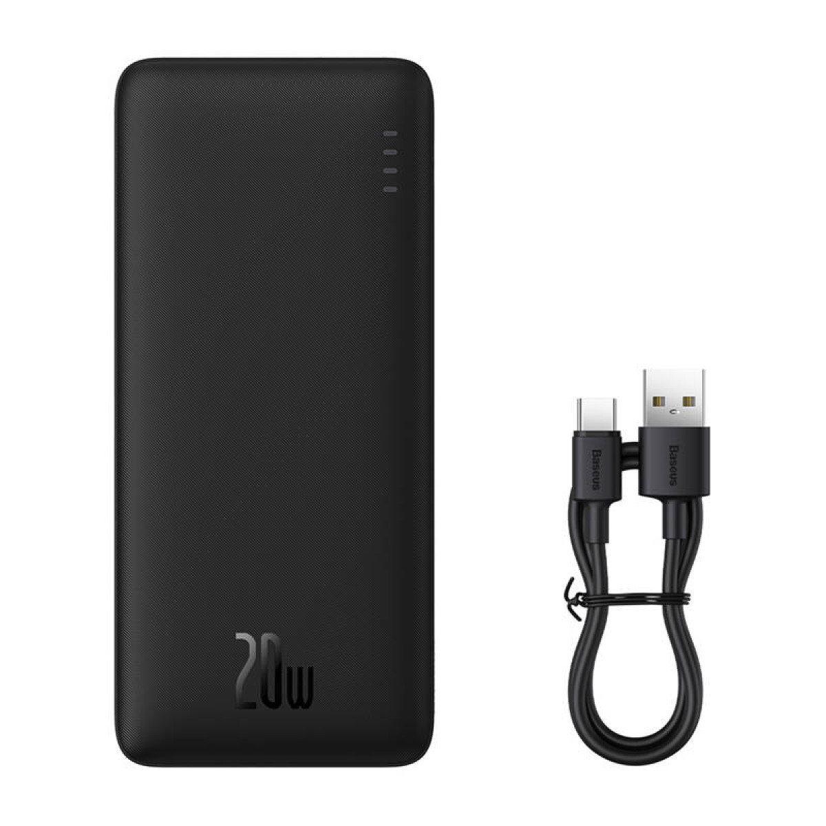 Czarny power bank z nadrukiem 20w i kablem ładującym obok.