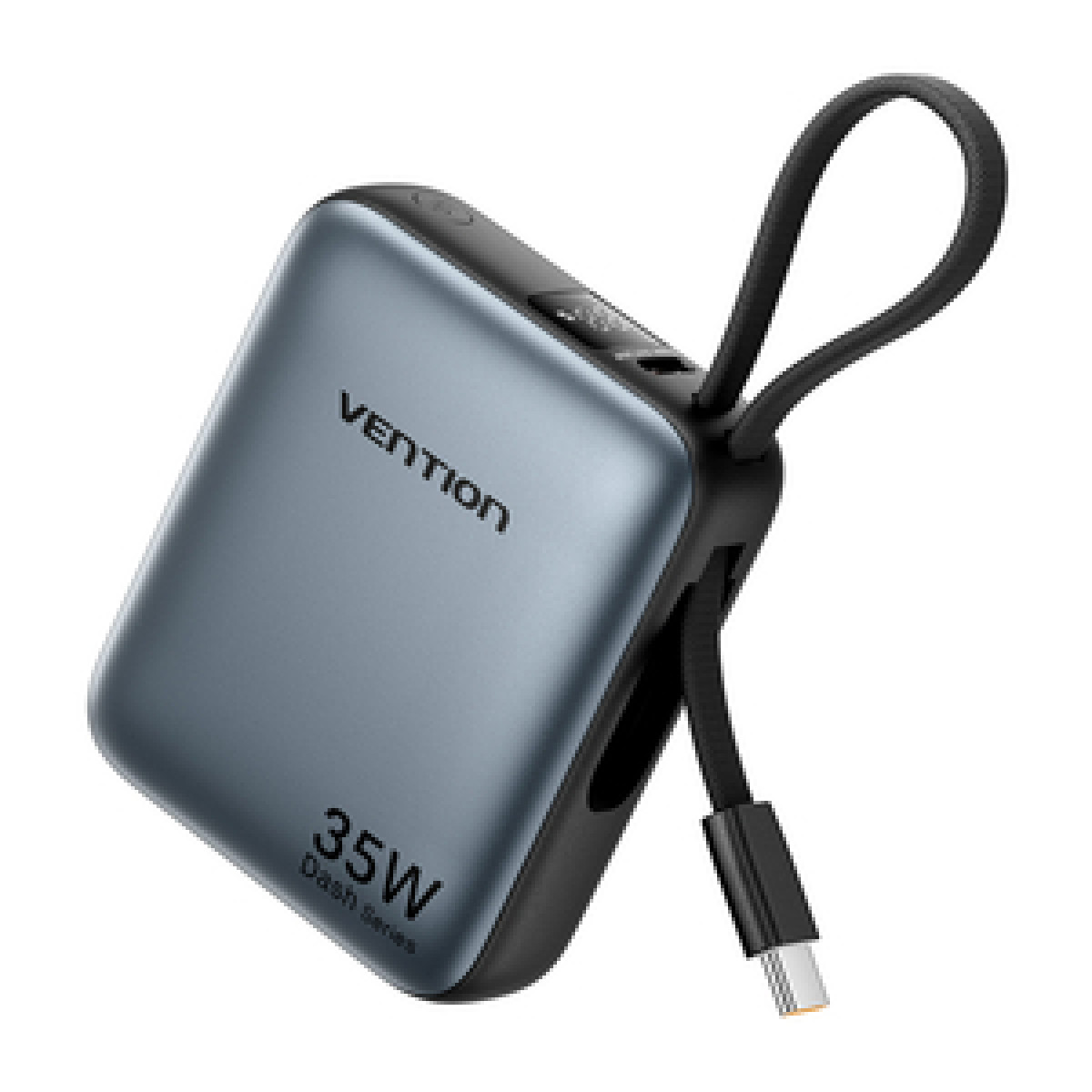 Un power bank Vention 35W Dash Series grigio scuro con cinturino nero e cavo USB-C.
