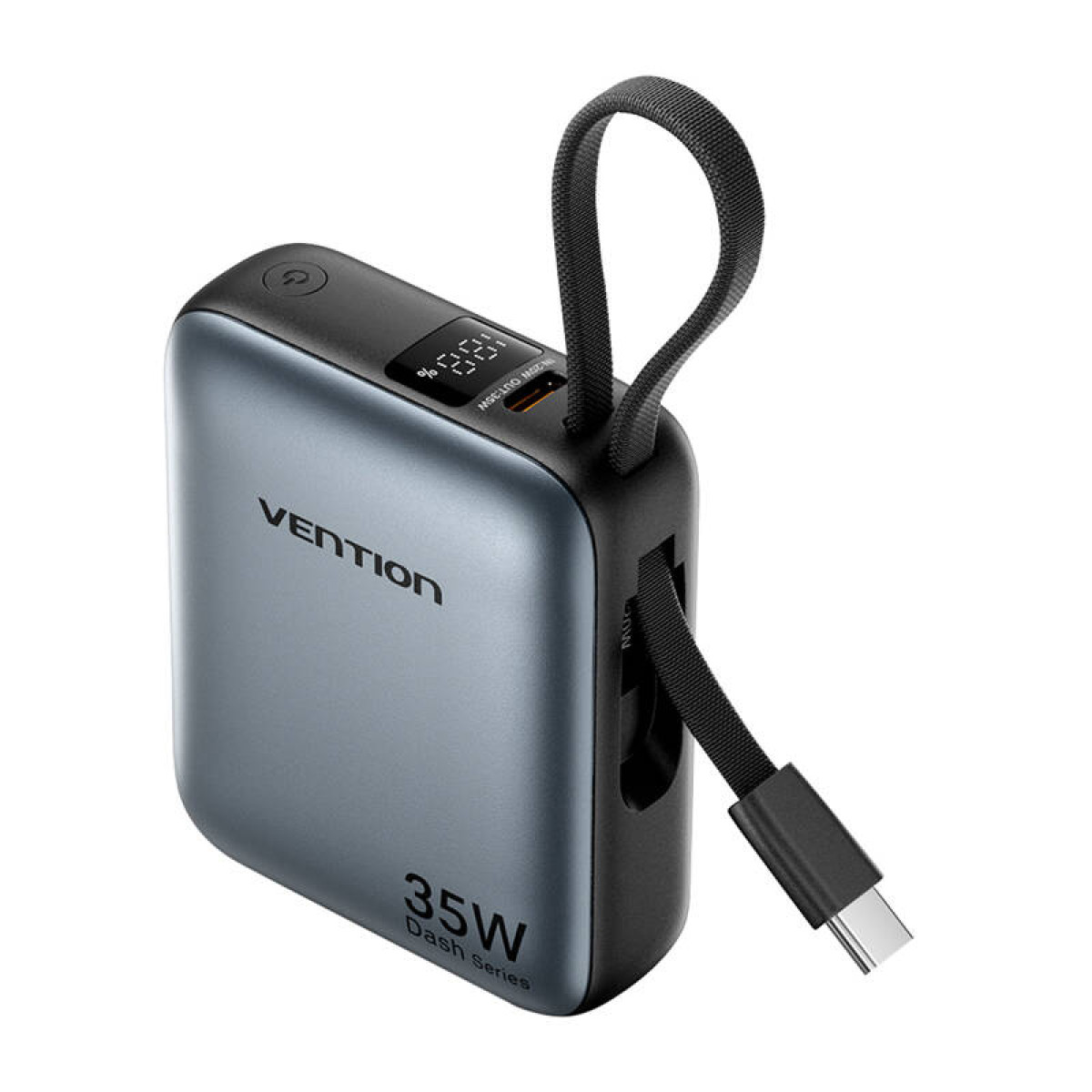 Un power bank grigio con un cinturino nero. Il display mostra il 100% di carica.