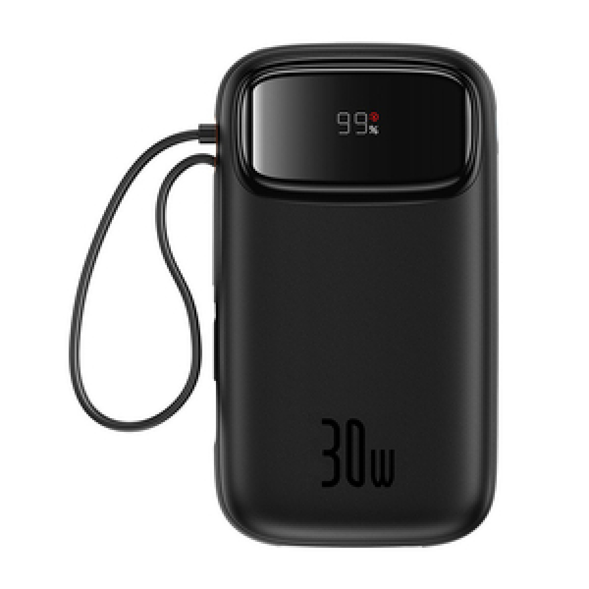 Czarna przenośna ładowarka z małym ekranem pokazującym 99% naładowania. Ma przewód.
