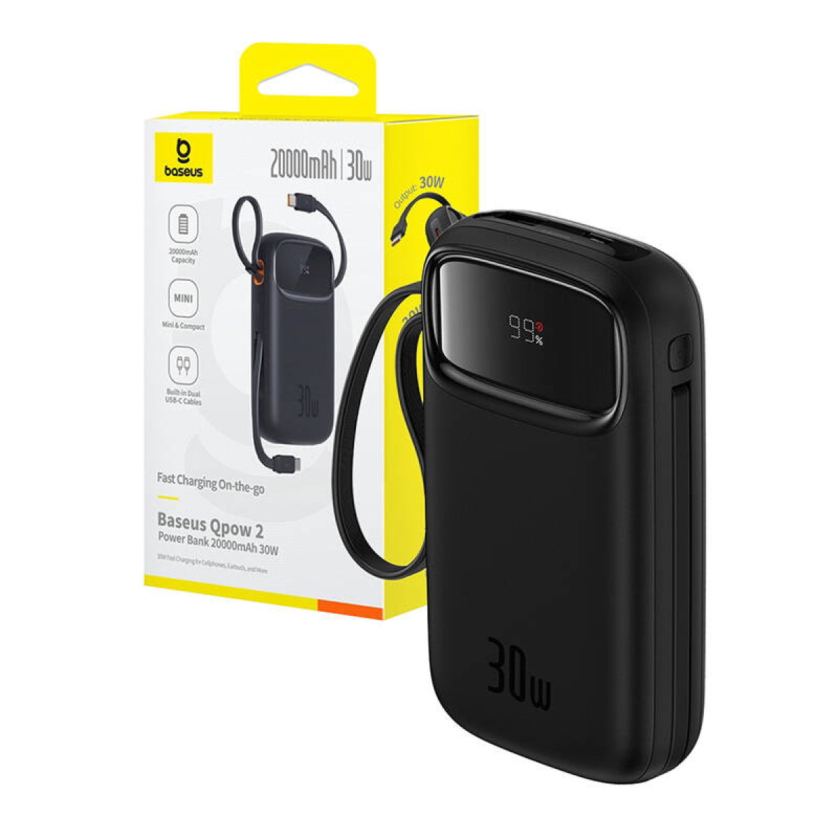 Schwarze Powerbank mit Display 99% und Box.