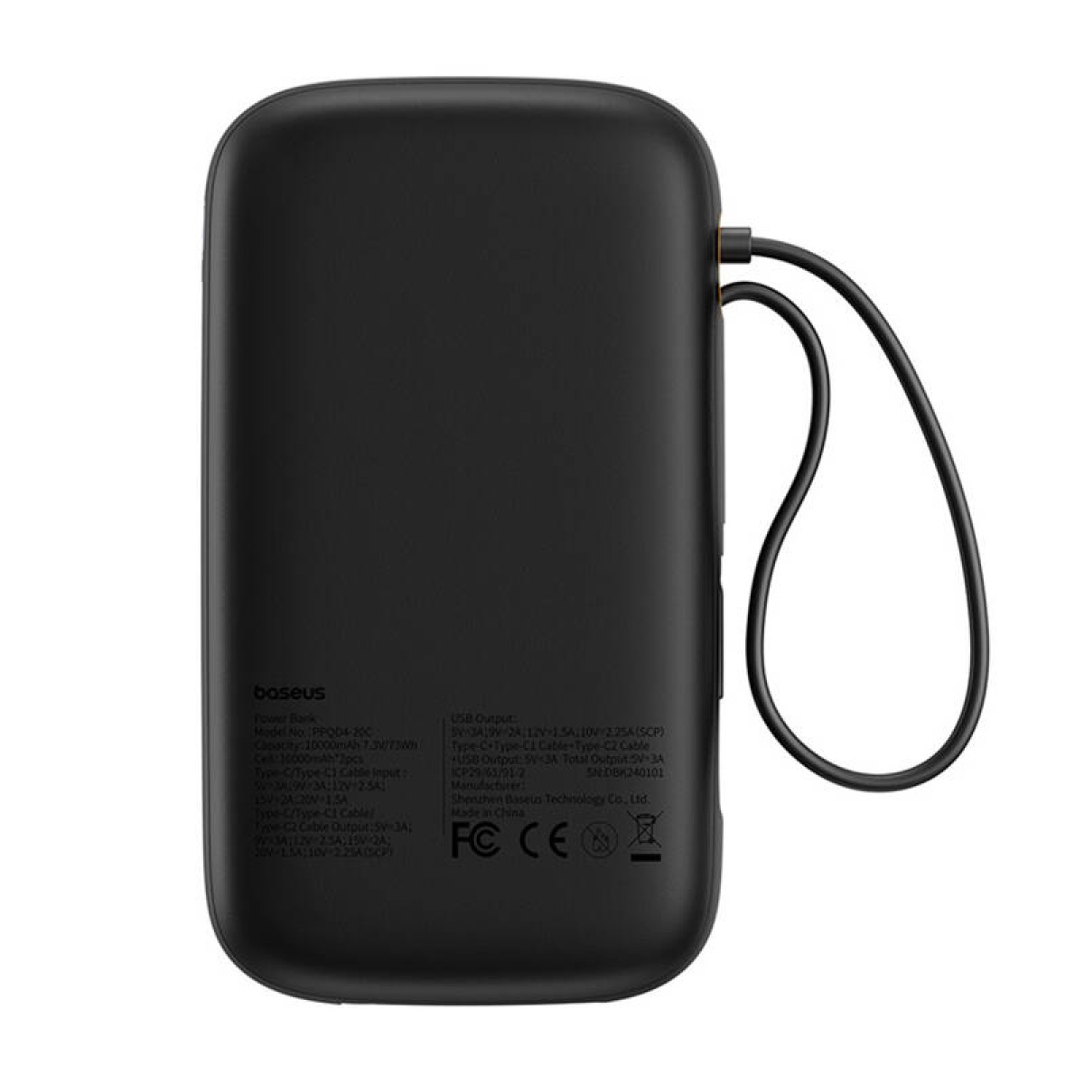 Czarny power bank jest pokazany. Ma kabel ładujący i informacje o produkcie z tyłu.