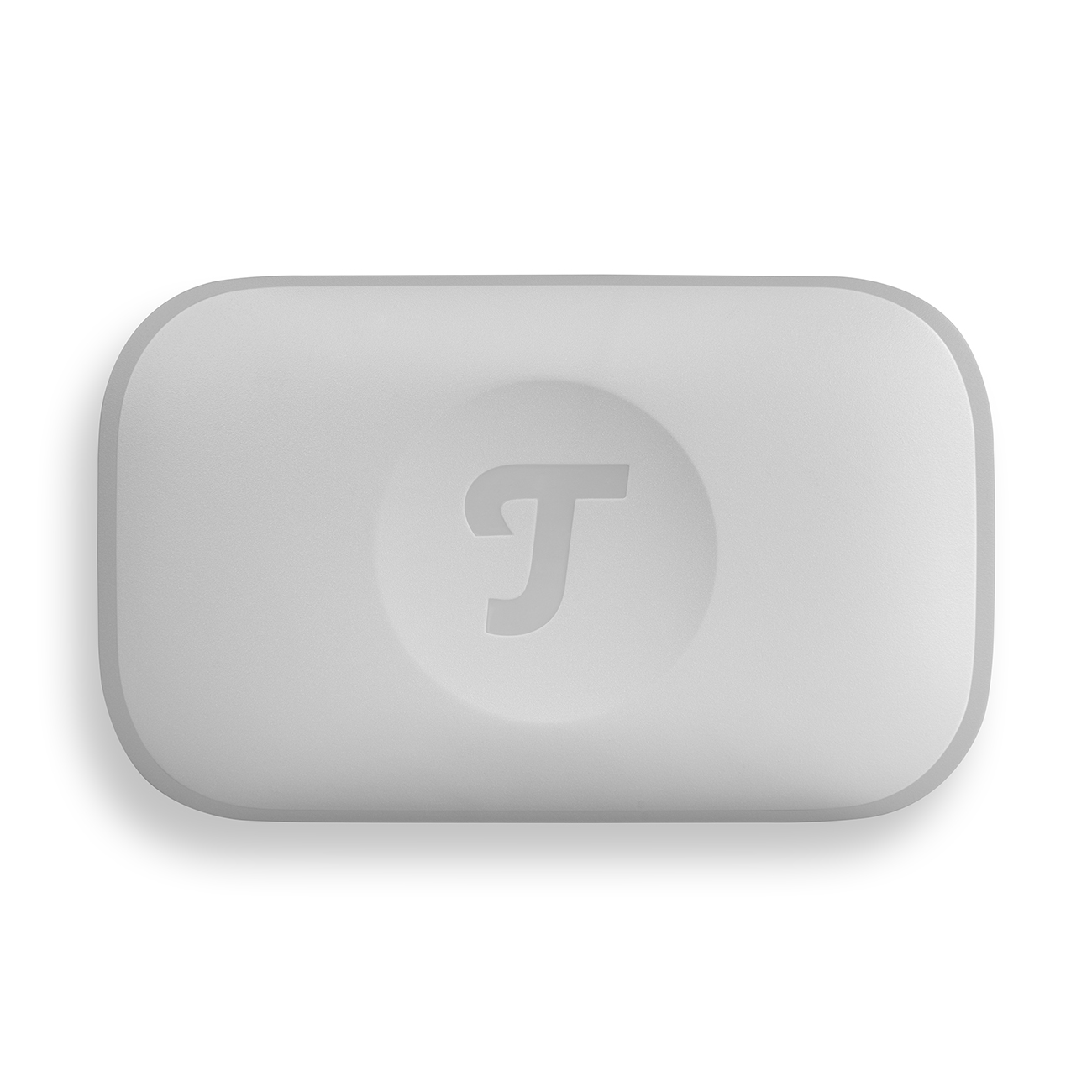 Appareil Teufel rectangulaire gris avec logo encastré sur fond blanc.