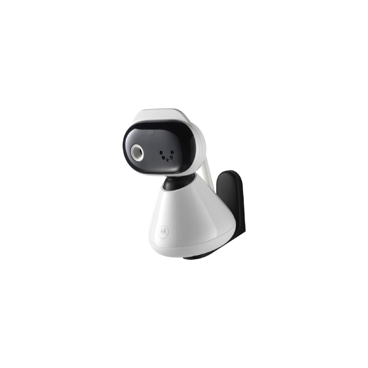 Ein weißer Baby-Monitor mit einer schwarzen Kamera, zum Betrachter geneigt. Weißer Hintergrund.