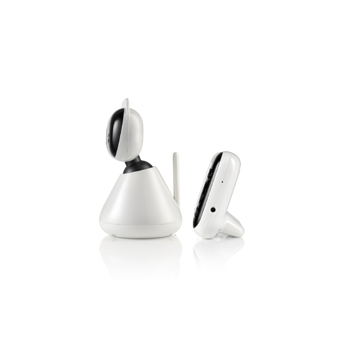 Ein weißes Babyphone-Set mit Kamera und Empfänger. Beide stehen auf einer weißen Oberfläche.