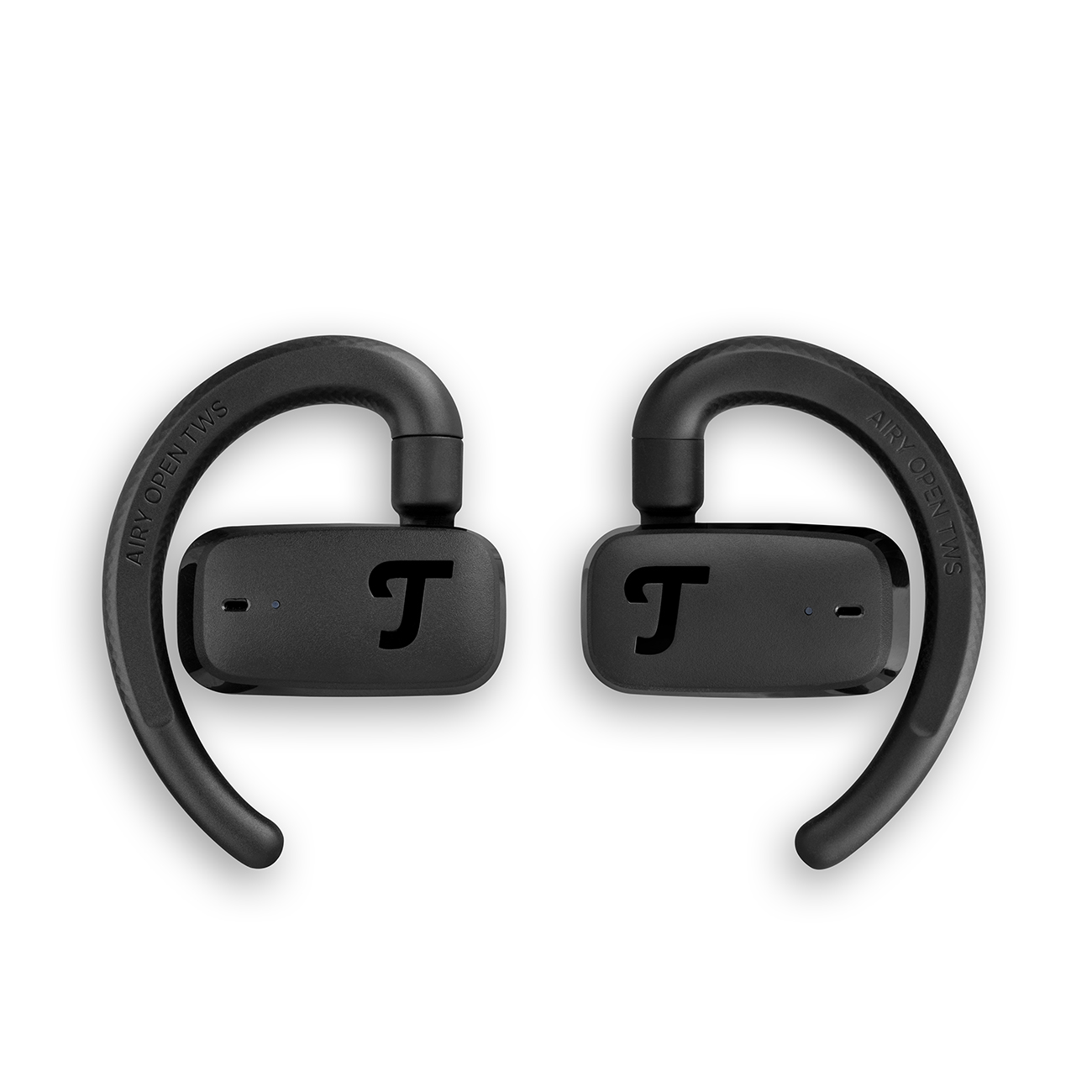 Deux écouteurs sans fil noirs avec un design incurvé, avec le nom de la marque imprimé.