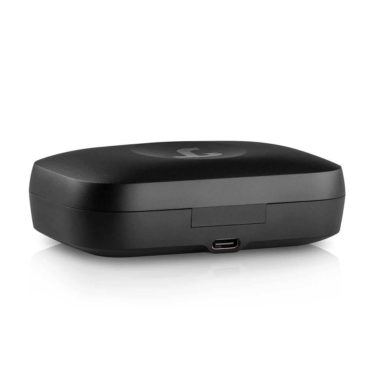 Étui rectangulaire noir avec port de charge. Design simple avec dessus incurvé.