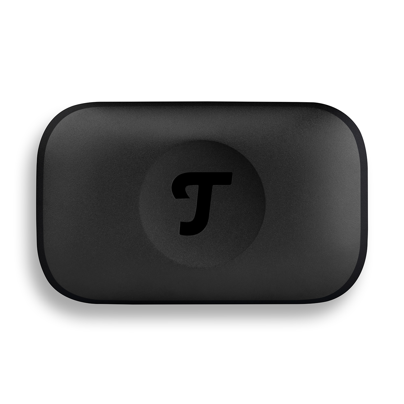 Un appareil noir, rectangle arrondi, avec un centre en retrait et le logo 'T' Teufel sur fond blanc.