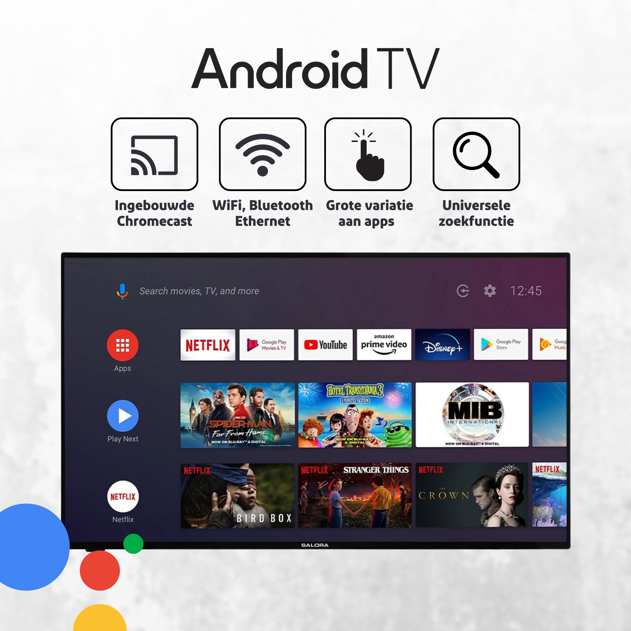 Een Android TV-scherm met apps en streamingdiensten met verschillende pictogrammen.