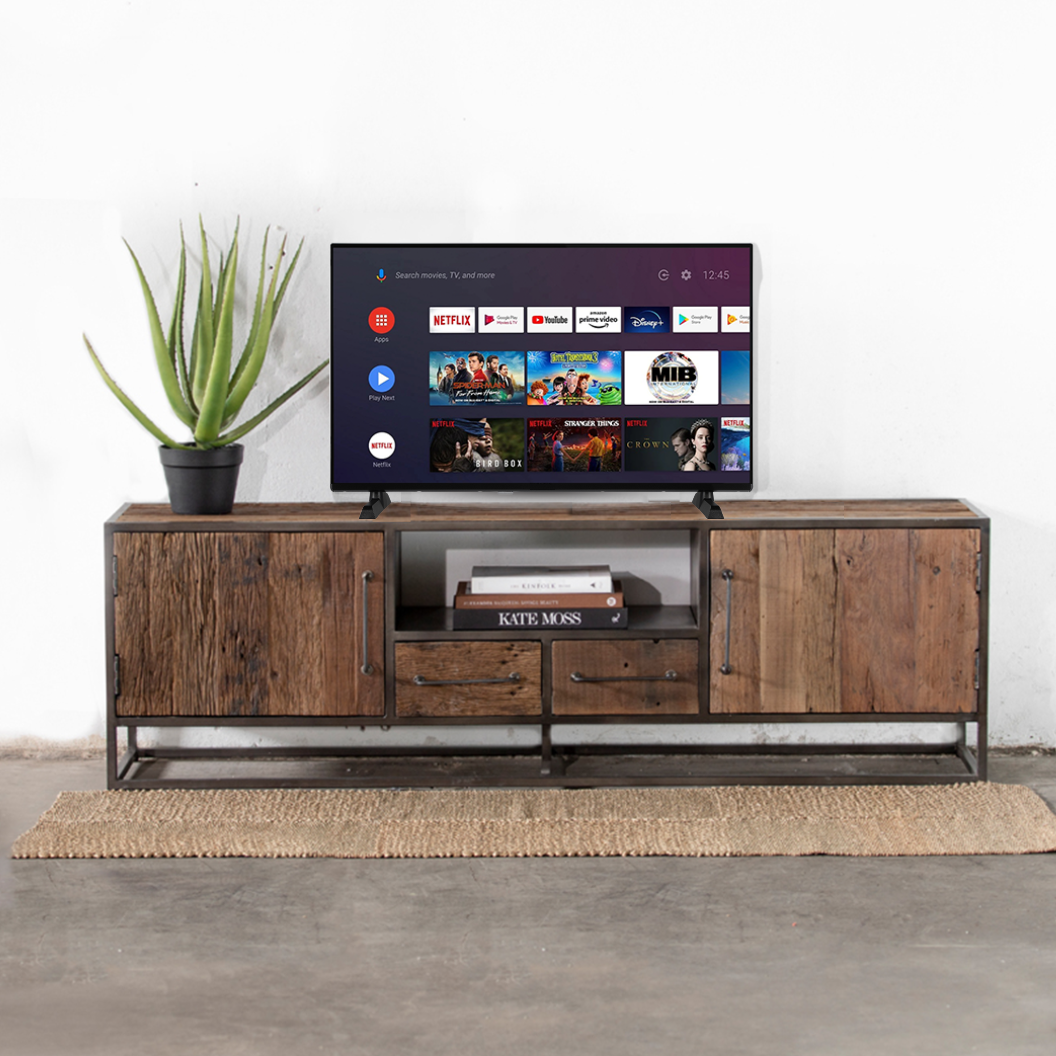 Een tv staat op een houten tv-meubel. Het scherm toont verschillende apps. Een plant staat ernaast.