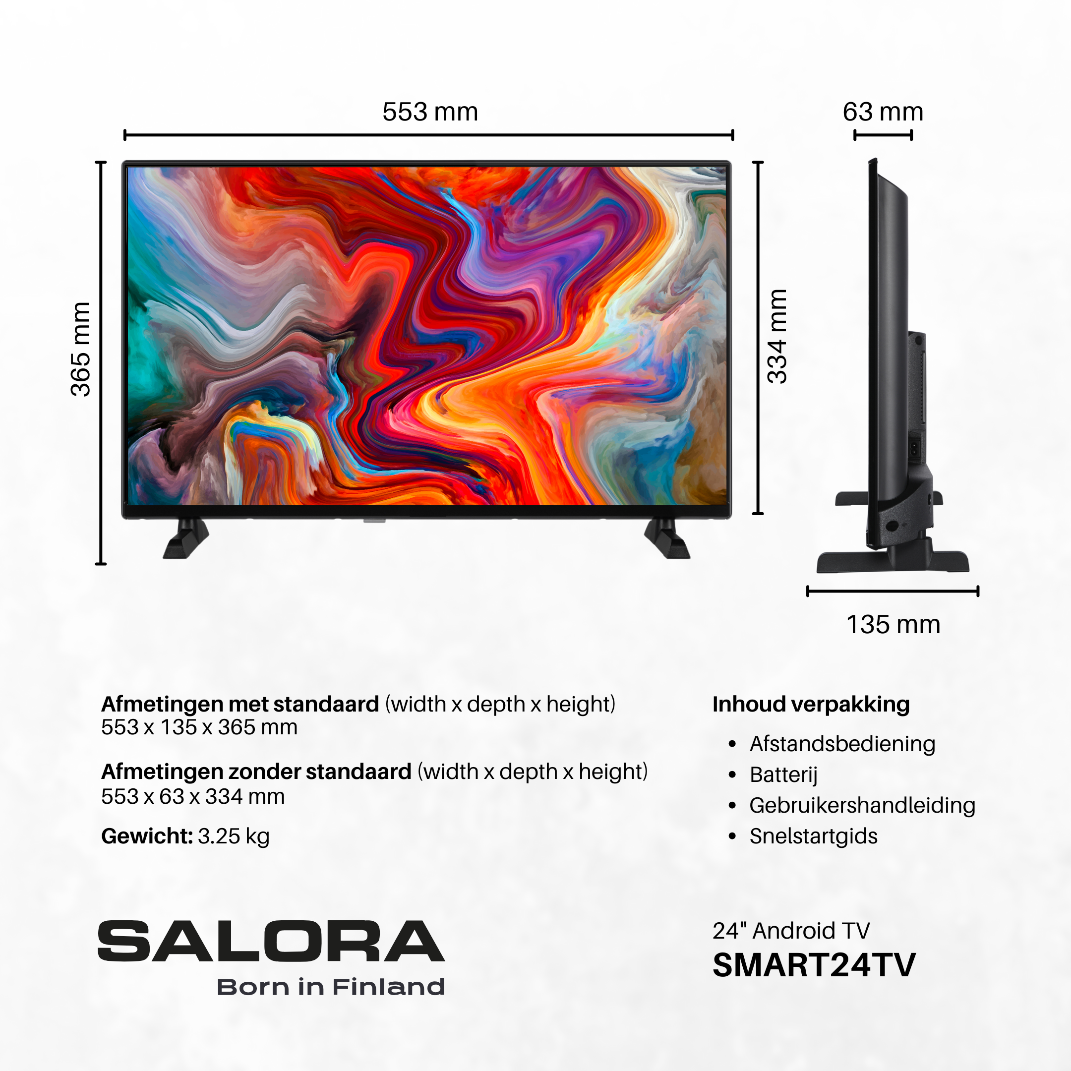 Een zwarte flatscreen-tv met afmetingen en details, met een witte achtergrond.