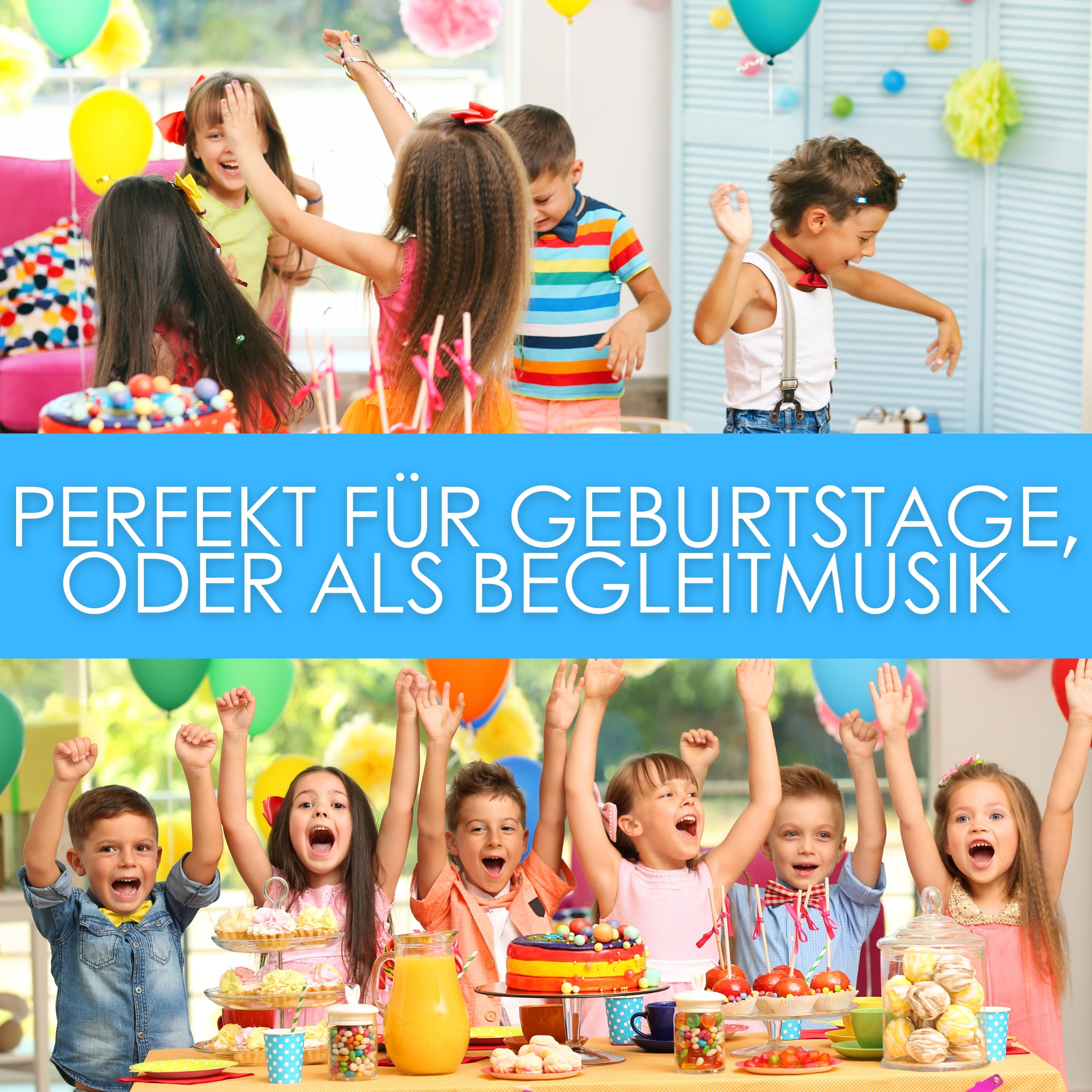 Kinder auf einer Geburtstagsparty mit Kuchen und Dekorationen. Text: PERFEKT FÜR GEBURTSTAGE oben.