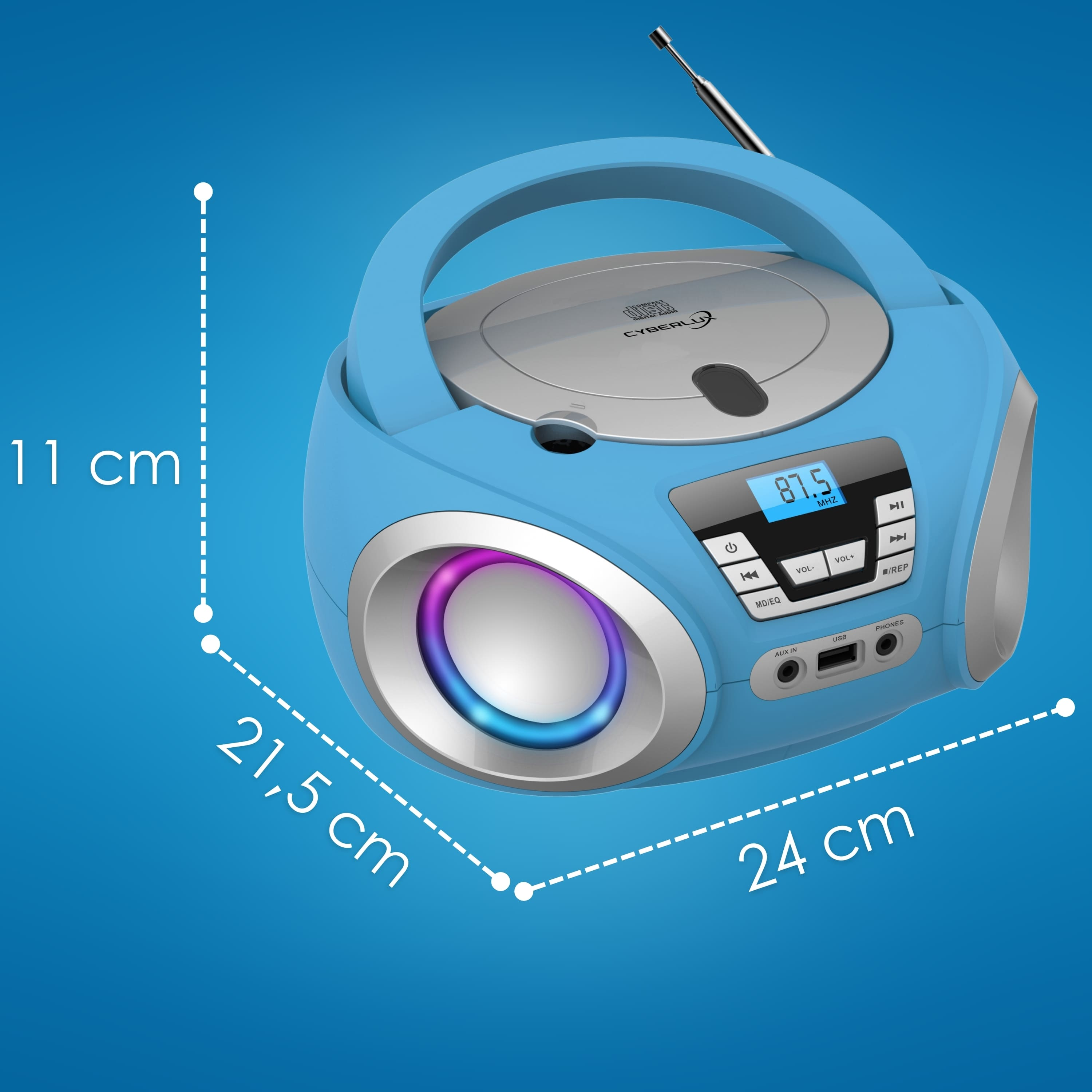 Blauer tragbarer CD-Player mit Griff, Abmessungen angegeben. Mit digitalem Display und Lautsprechern.