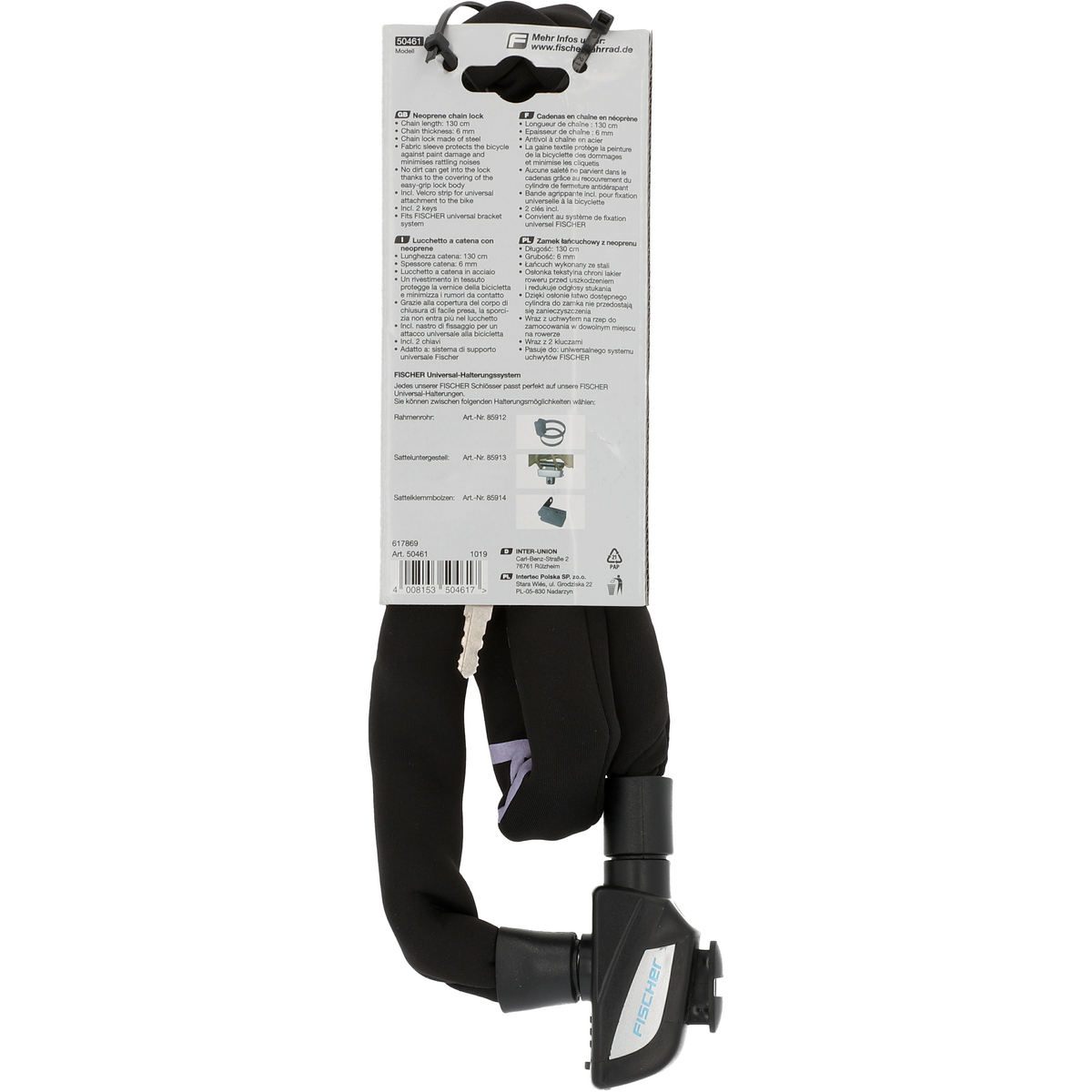 Fahrradschloss-Verpackung mit Text, ein schwarzes Schloss und ein weißer Hintergrund.