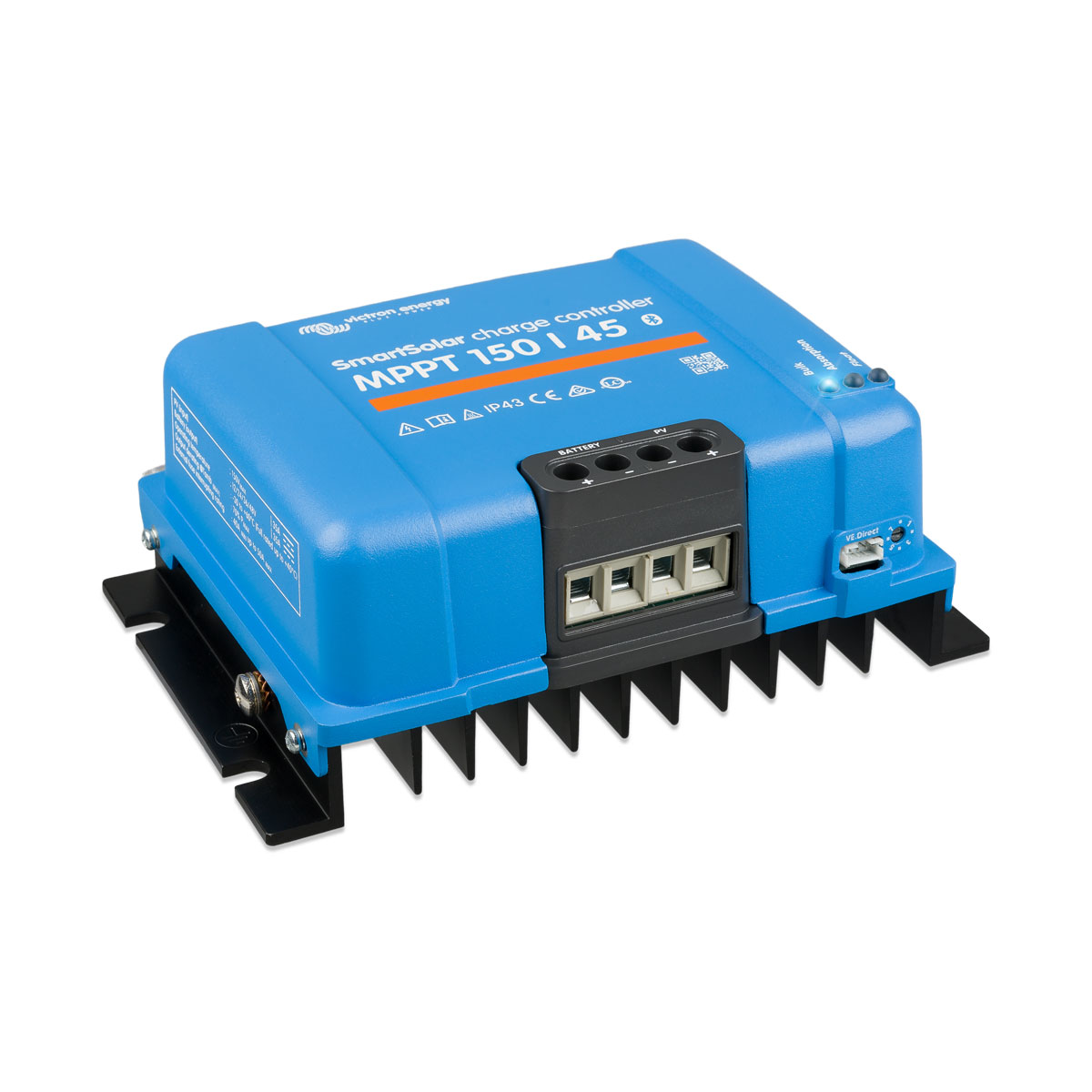 Blauer Victron MPPT-Laderegler mit Anschlüssen für Solar und Batterie.