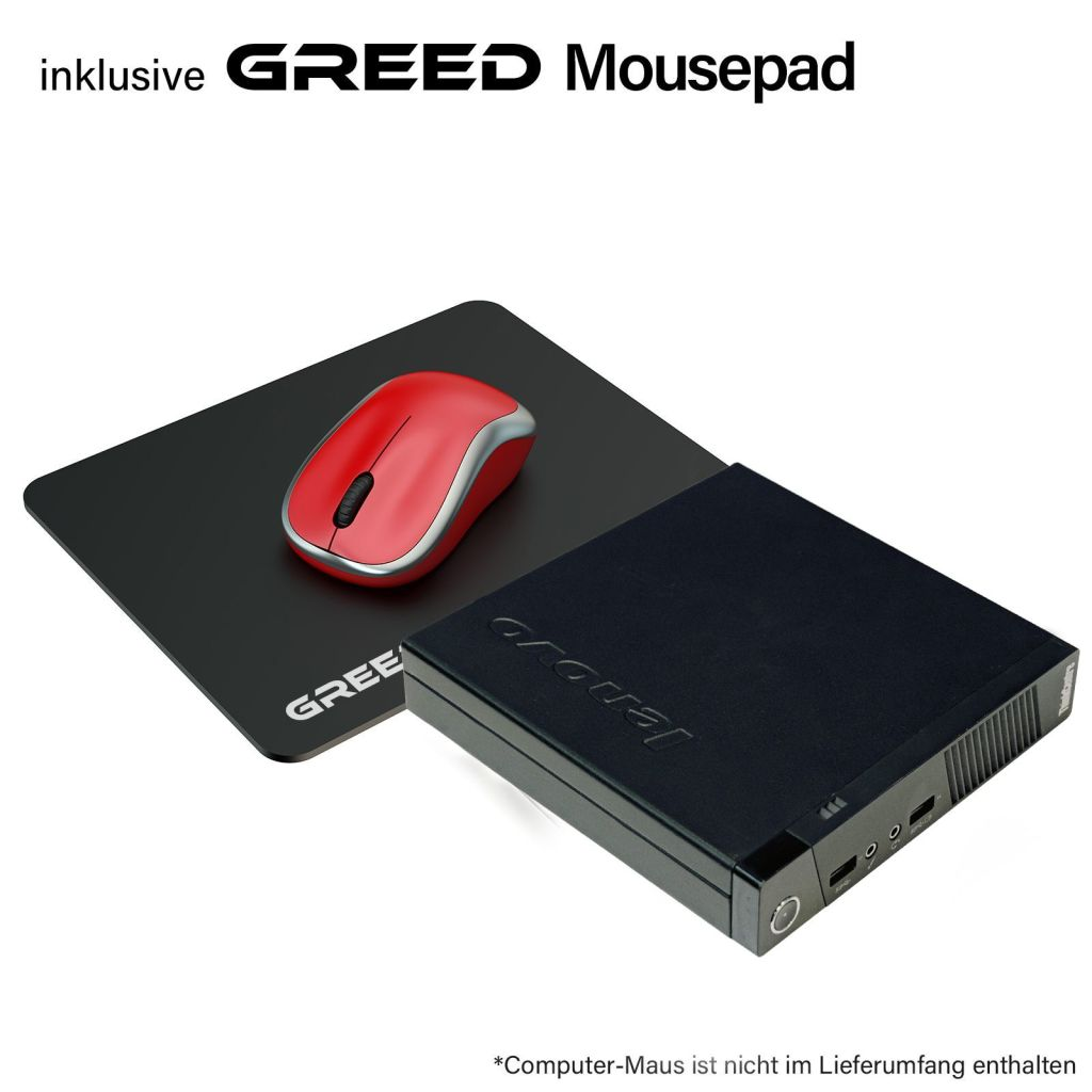 Un tappetino per mouse nero con un mouse rosso e un computer nero. Il testo GREED è visibile.