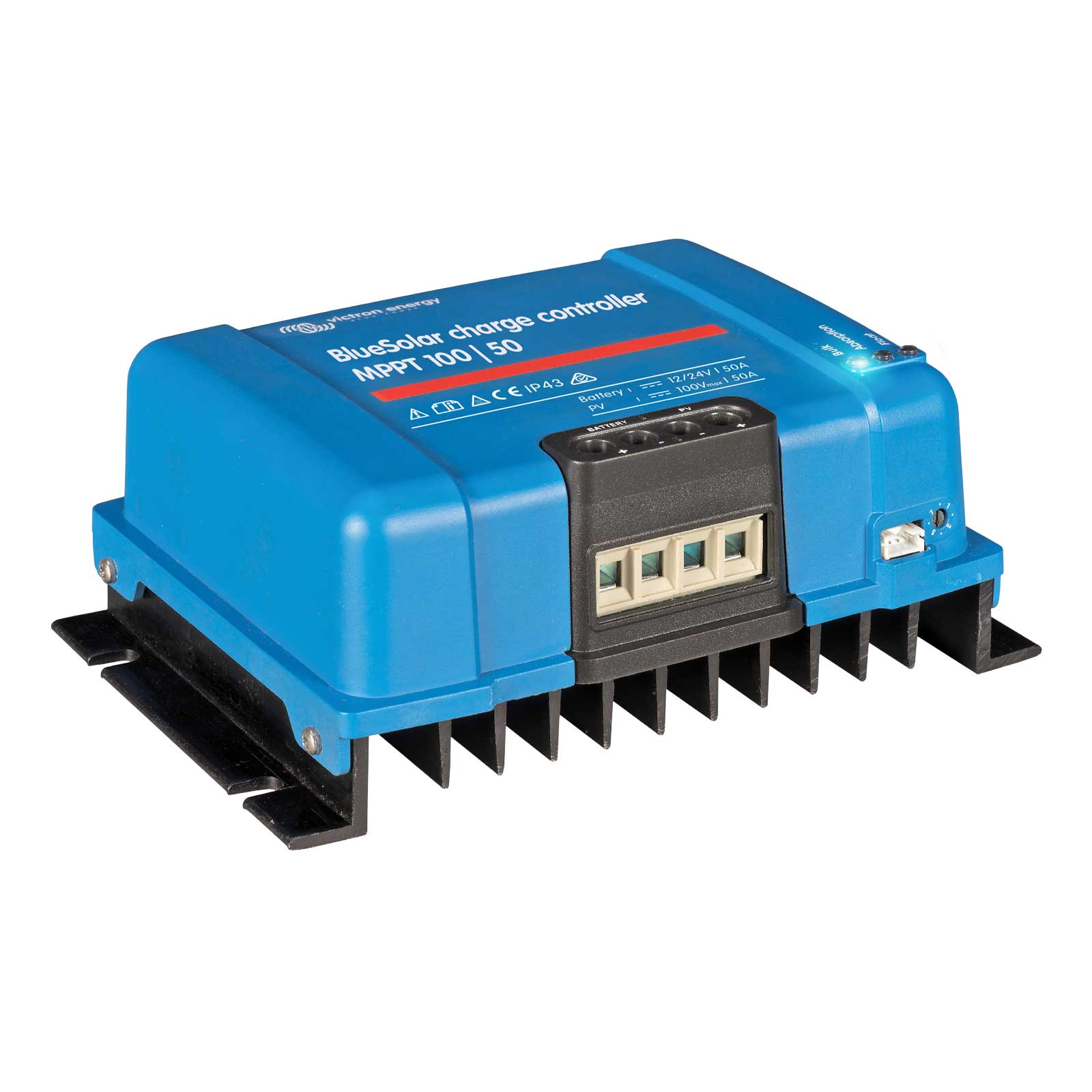Regolatore di carica blu Victron Energy BlueSolar MPPT 100|50 con terminali.