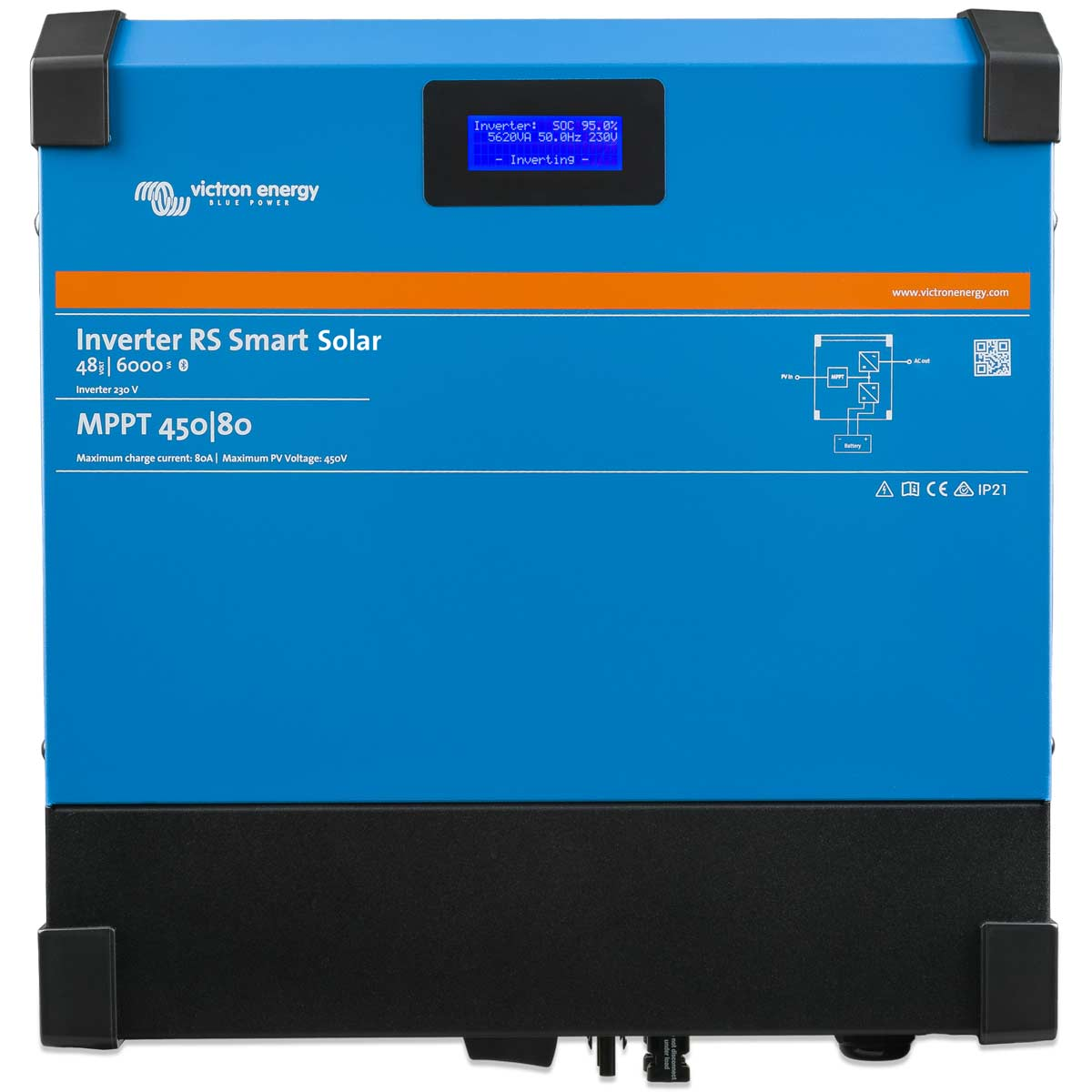 Blauer Inverter RS Smart Solar MPPT 450/80 mit Display, das den Wechselrichterstatus anzeigt.