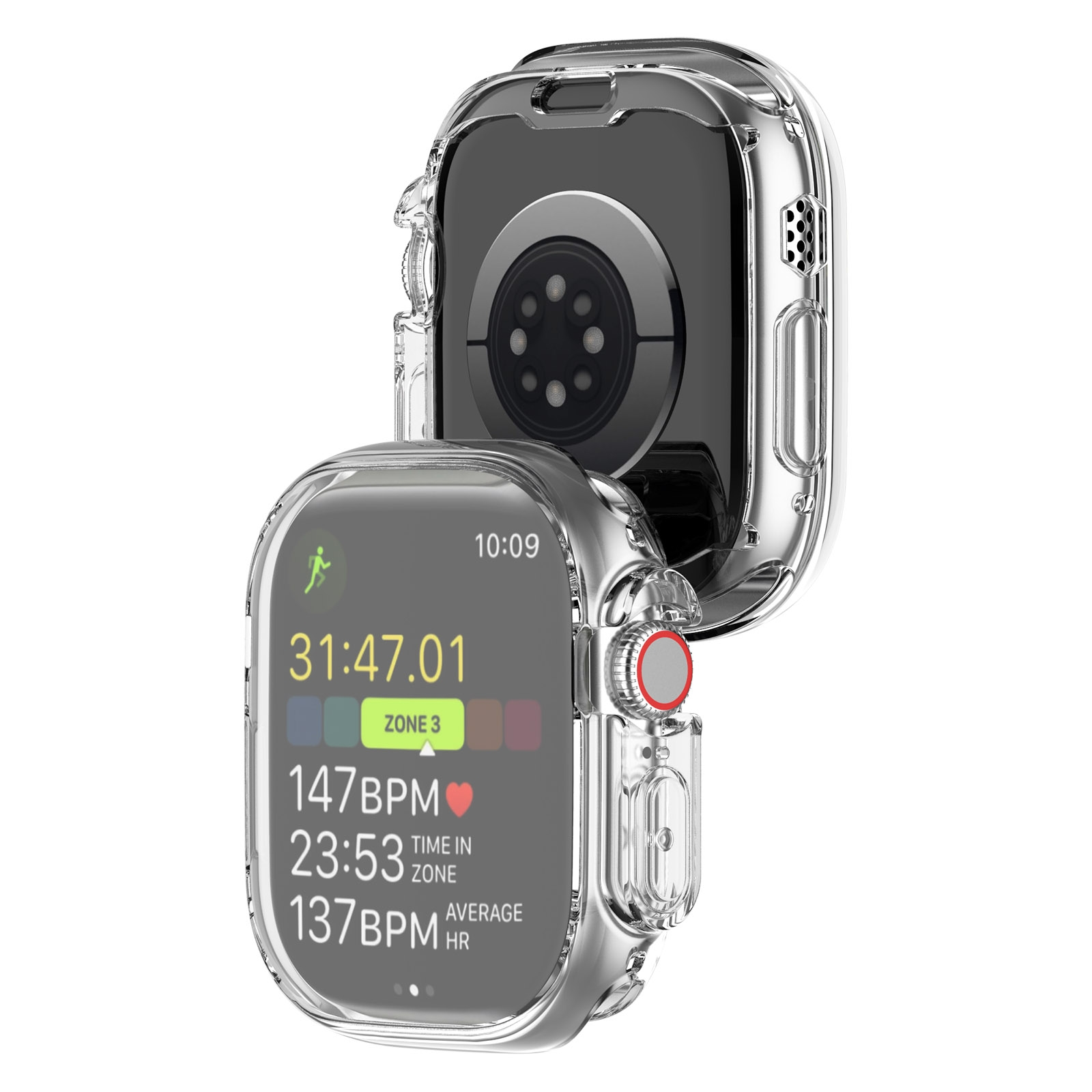 Eine transparente Smartwatch-Hülle mit einer Uhr darin. Es zeigt Zeit, Herzfrequenz und Trainingsdaten an.