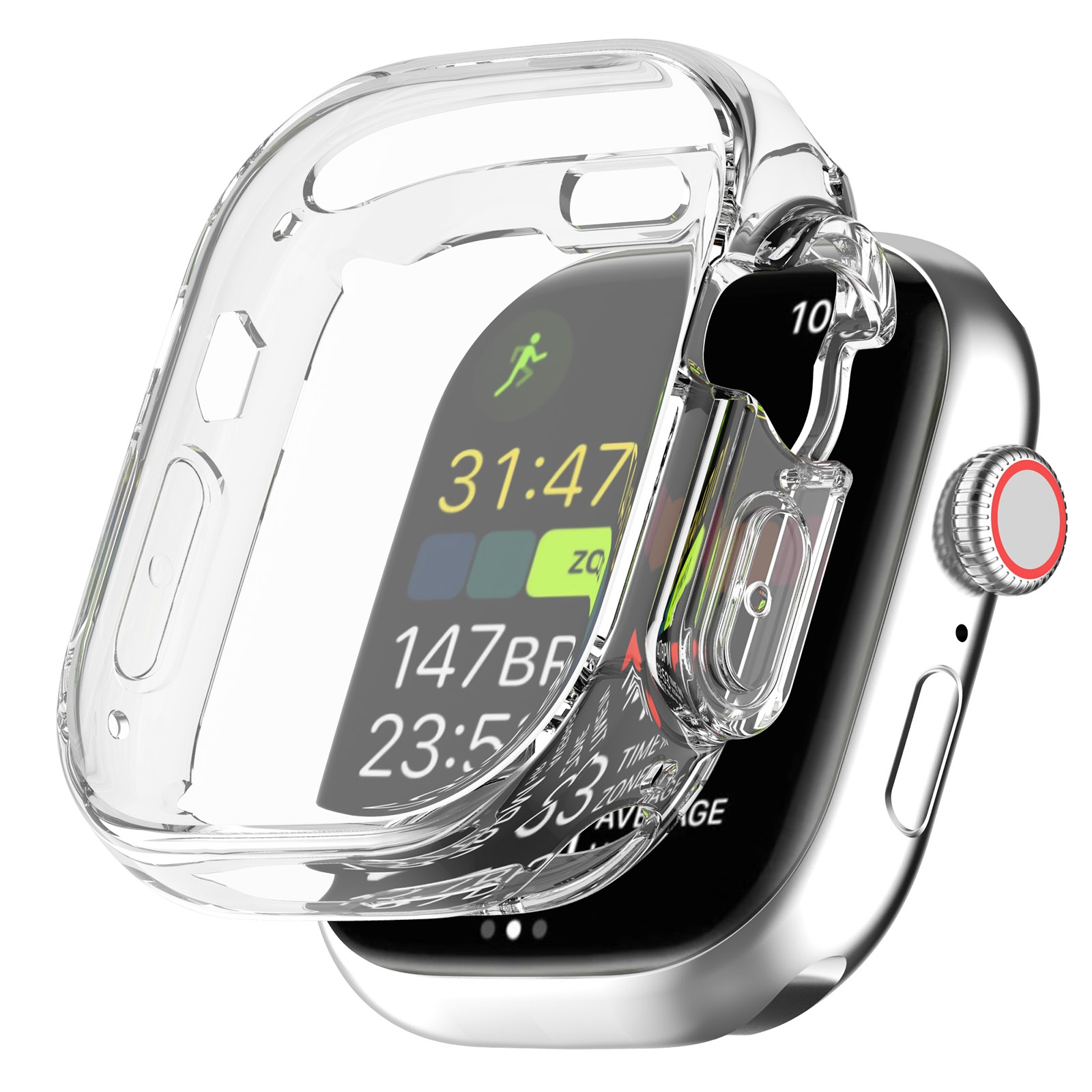 Smartwatch mit klarer Schutzhülle. Die Uhr zeigt Daten und eine Digitaluhr. Silberne Uhr.