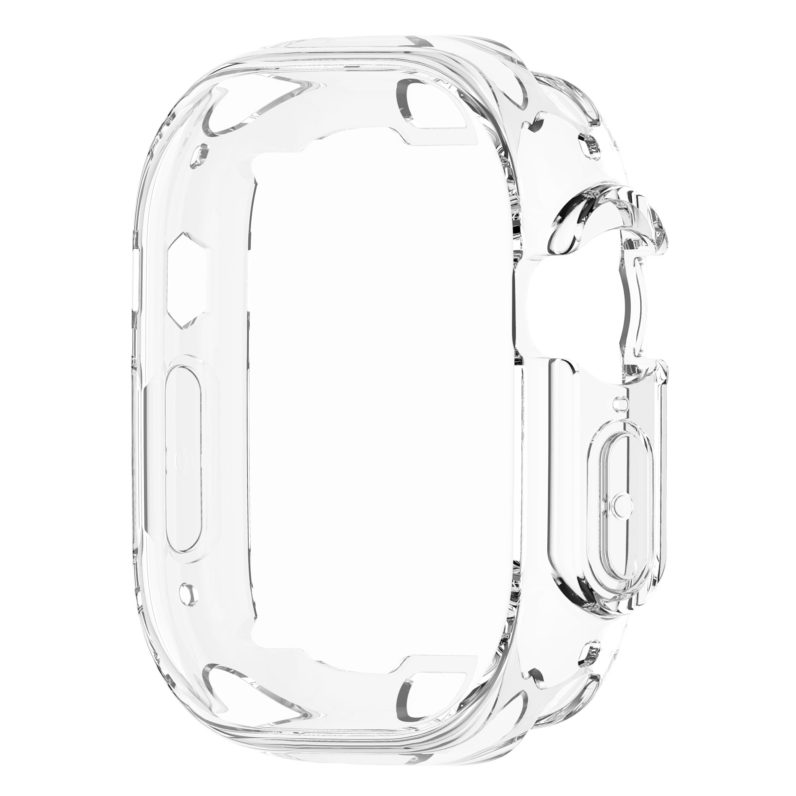Eine transparente Schutzhülle für eine Smartwatch. Die Hülle ist transparent und passgenau geformt.