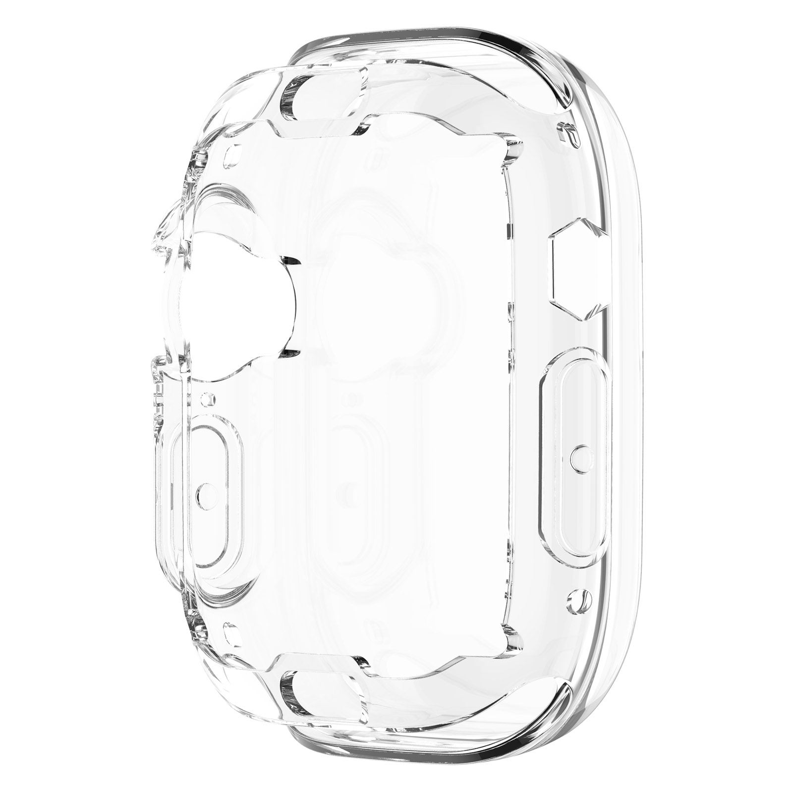 Transparente Schutzhülle für eine Smartwatch, mit mehreren Öffnungen für Knöpfe und Sensoren. Weißer Hintergrund.