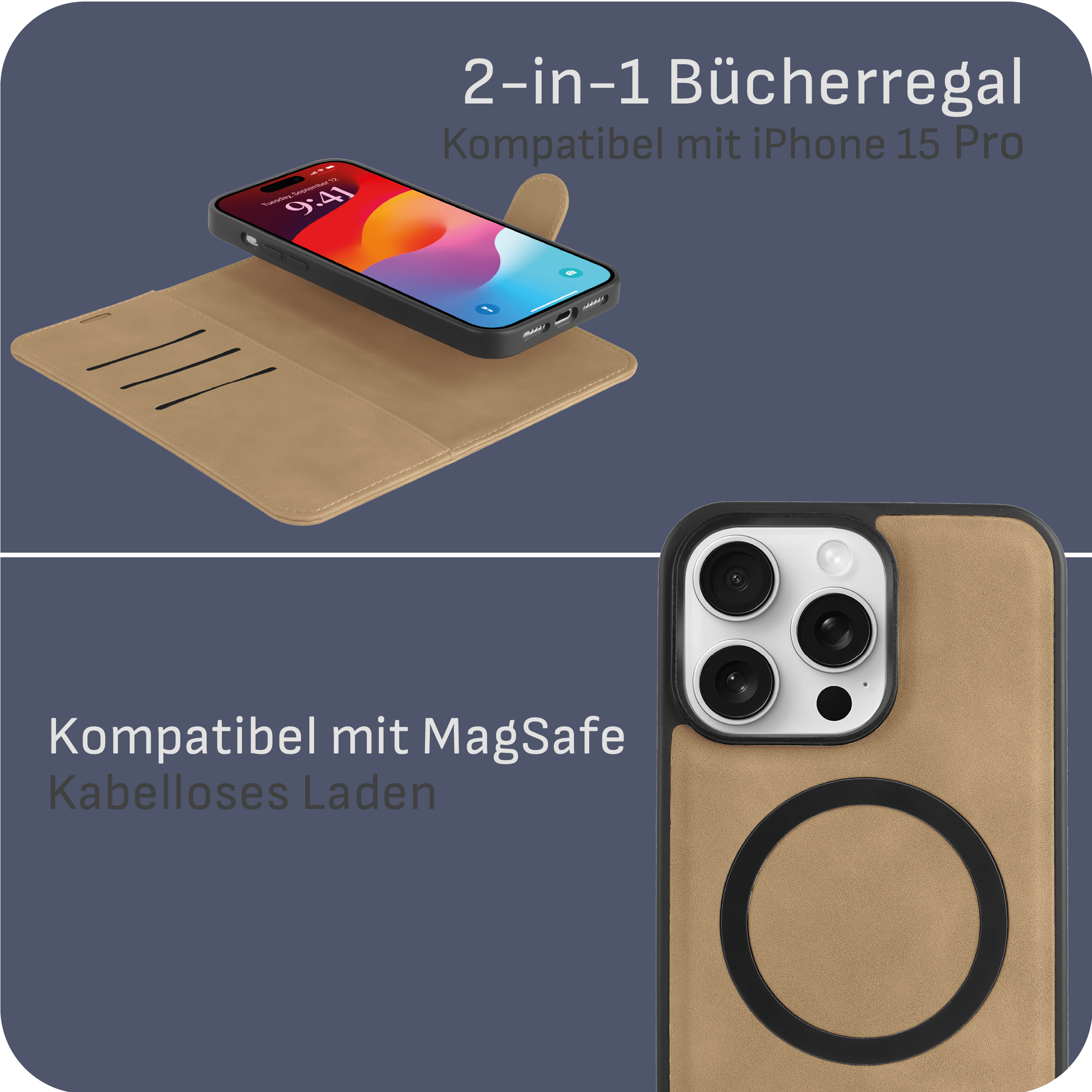Faltbare Handyhülle mit Telefon, zeigt Vorder- und Rückseite.