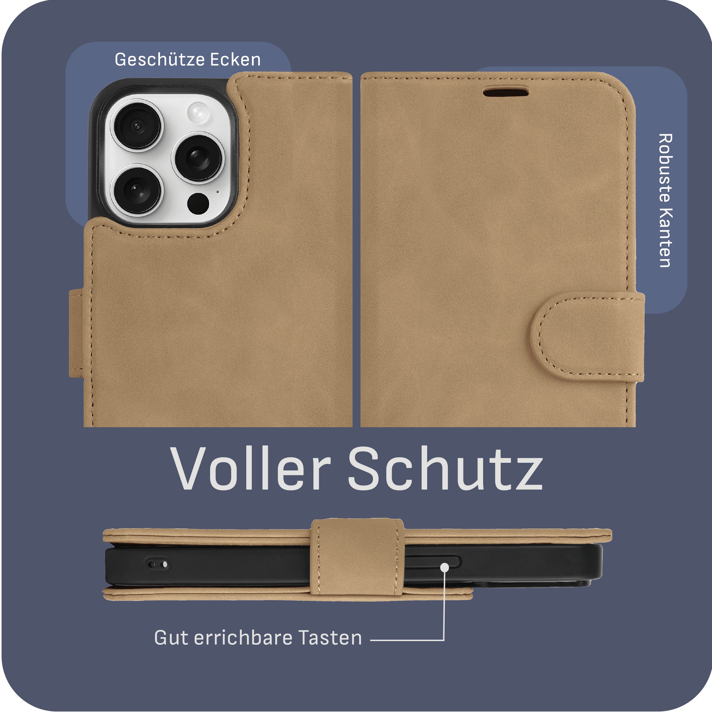 Handyhülle mit Telefon, Text über Schutz und robuste Kanten.