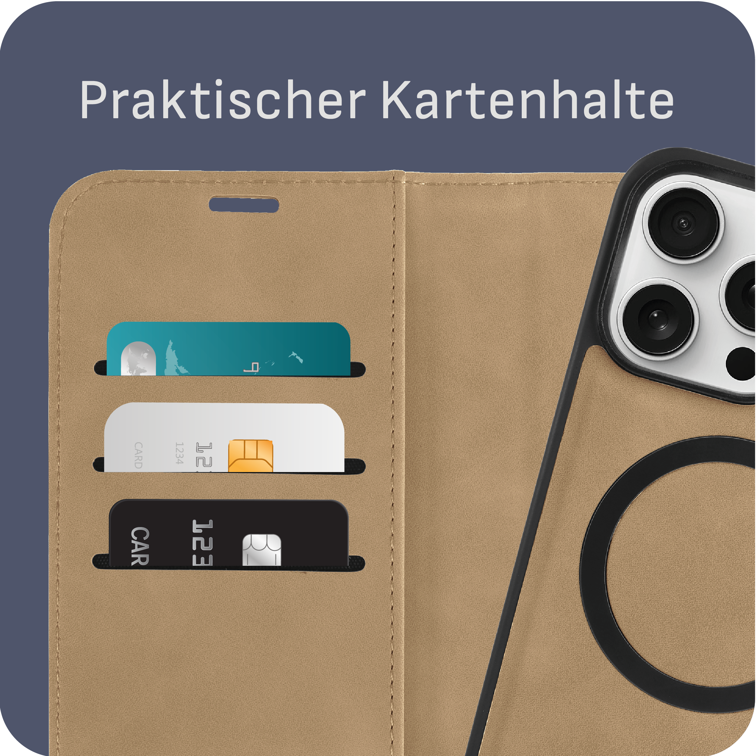 Braune Leder-Handyhülle mit Kartenfächern, enthält Karten. Nahaufnahme.