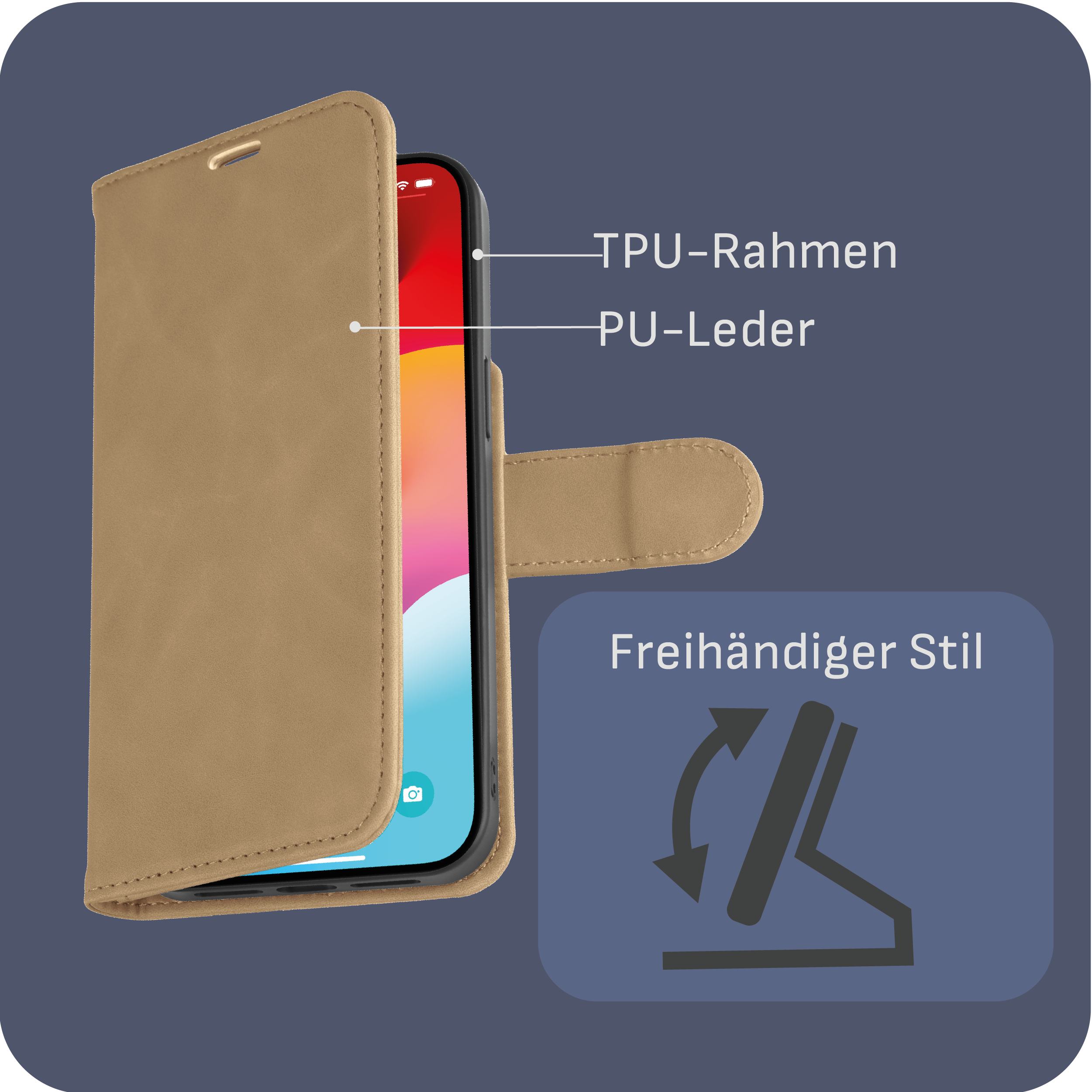 Hellbraune Lederhülle mit Telefon. Text: TPU-Rahmen, PU-Leder, Freihändiger Stil mit Pfeil.