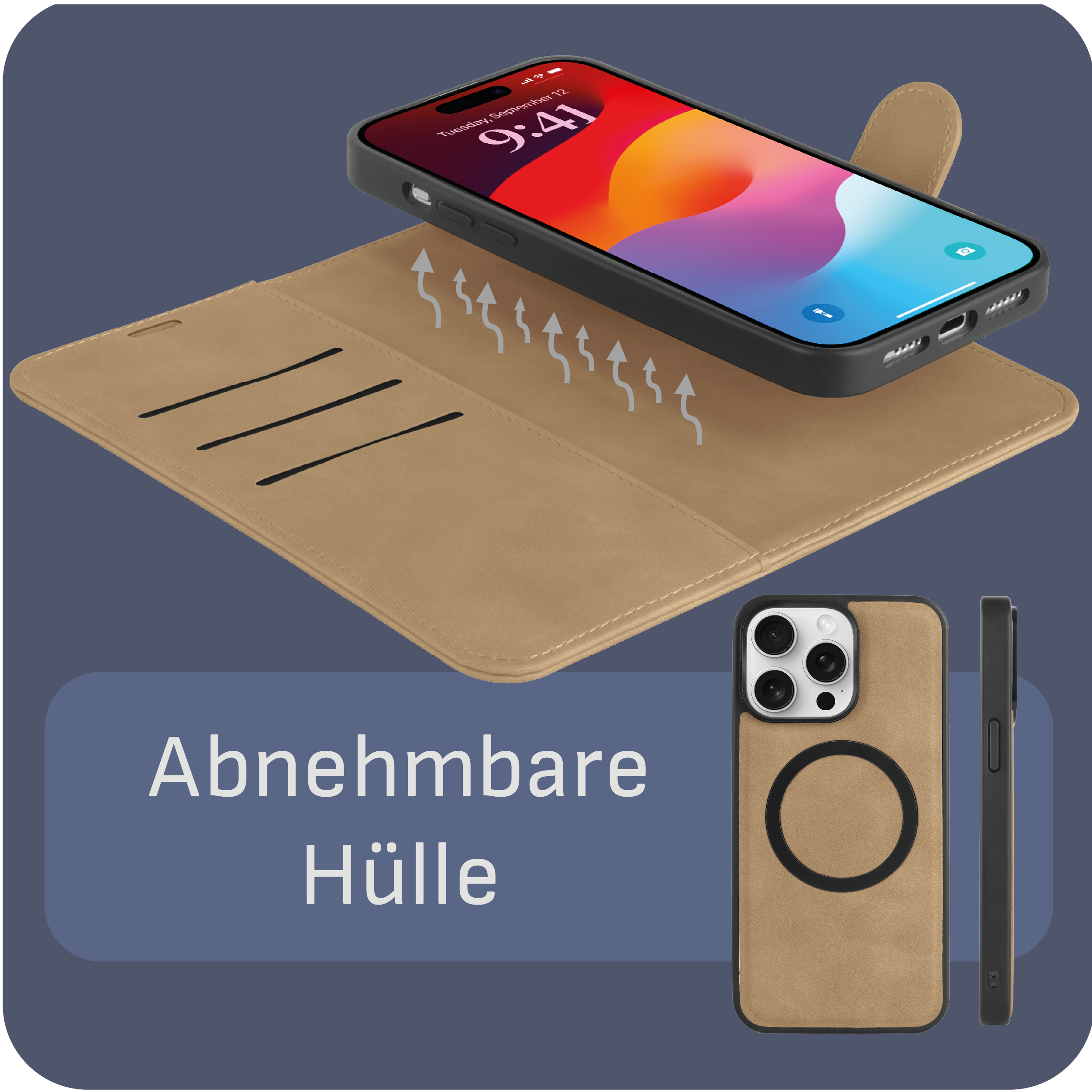 Eine Handyhülle mit einem Telefon darin. Die Hülle ist offen und zeigt das Telefon und die Rückseite.