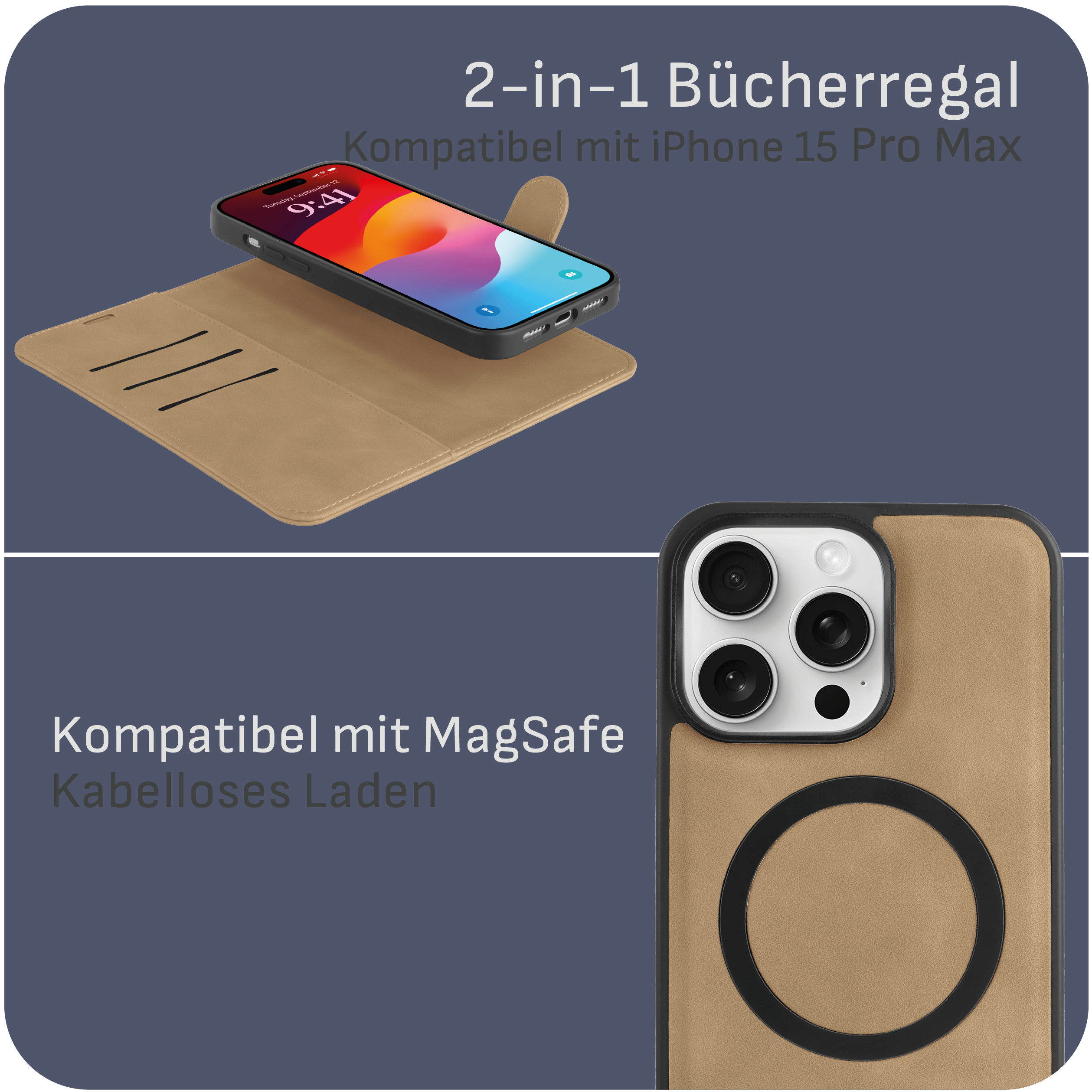Eine geöffnete Handyhülle mit Telefon und eine Handyhülle daneben.