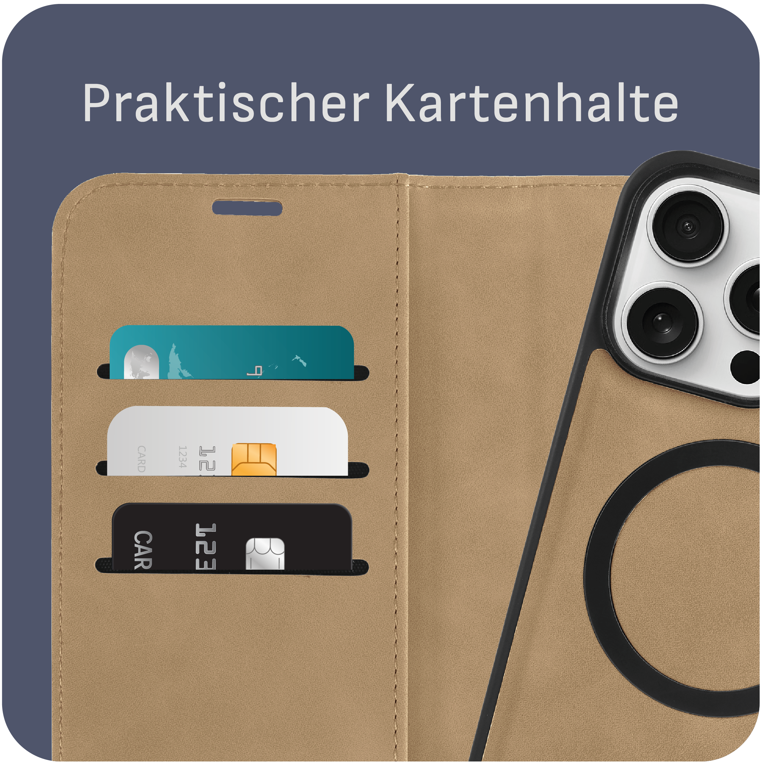 Eine Leder-Handyhülle mit Kartenfächern, die drei Karten hält. Merkmale: Telefon mit Kreis.