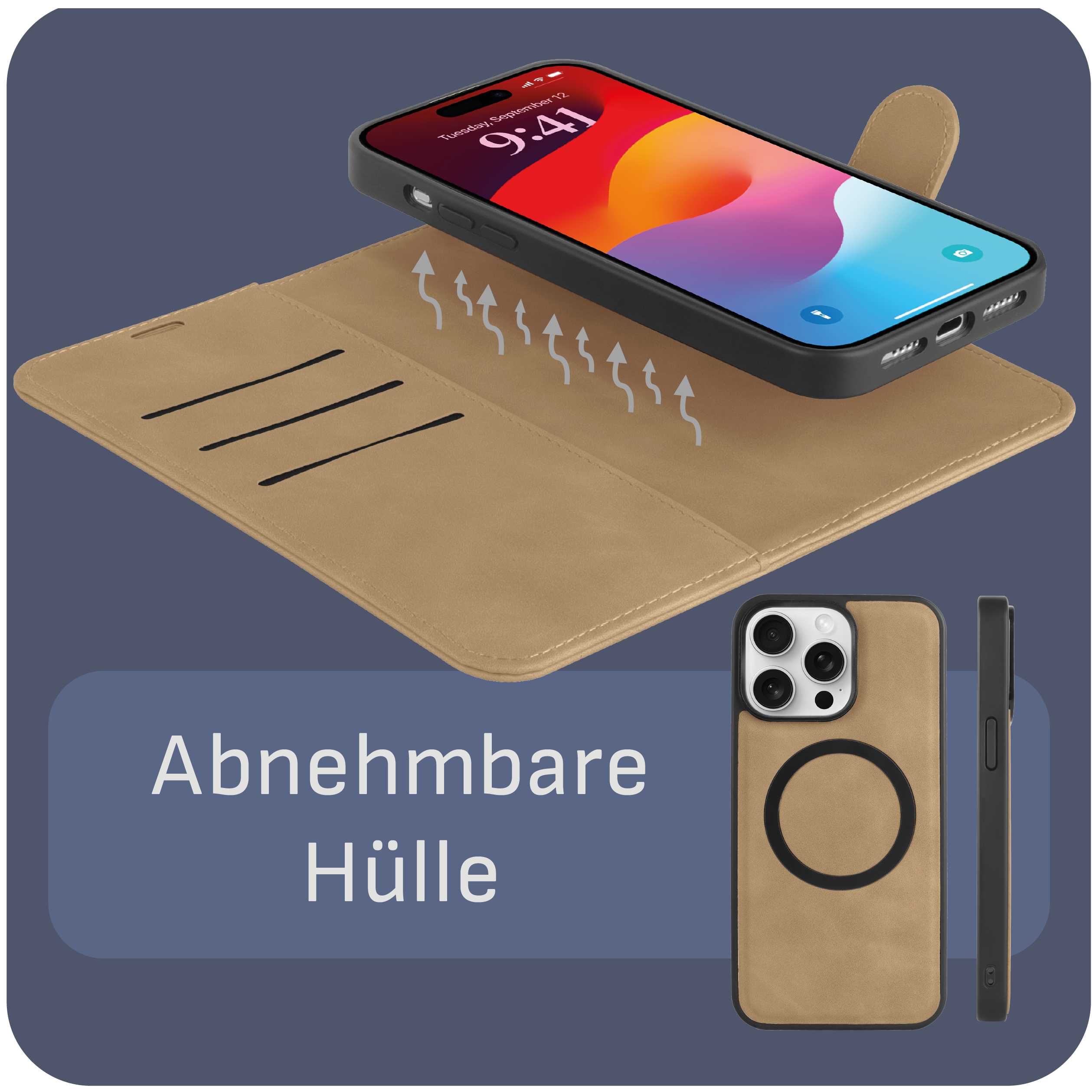 Ein Telefon mit Hülle wird geöffnet gehalten und zeigt einen Bildschirm. Eine separate Handyhülle rechts.