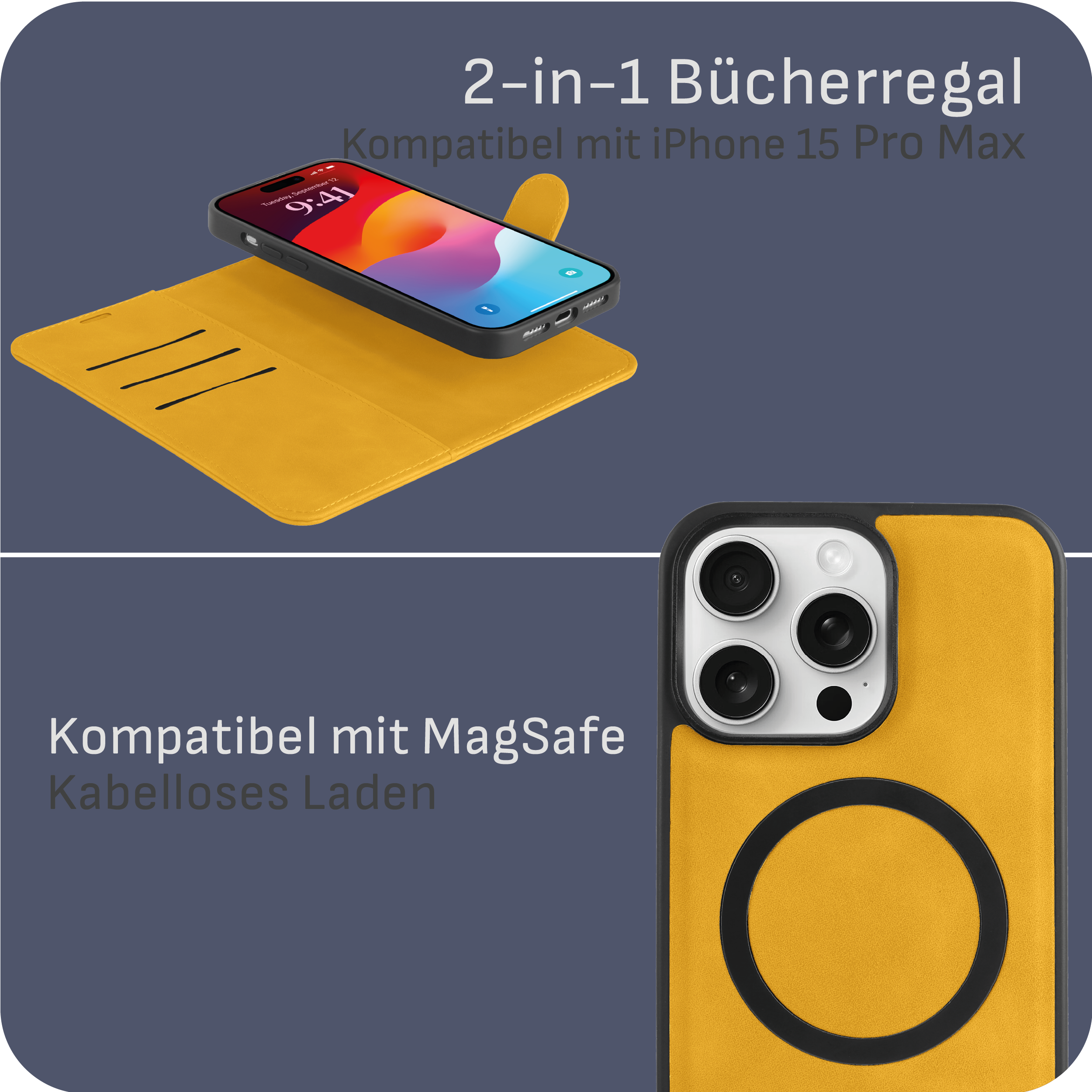 Eine gelbe Handyhülle mit einem Smartphone. Die Hülle ist geöffnet, um das Telefon und die Nahaufnahme der Hülle zu zeigen.
