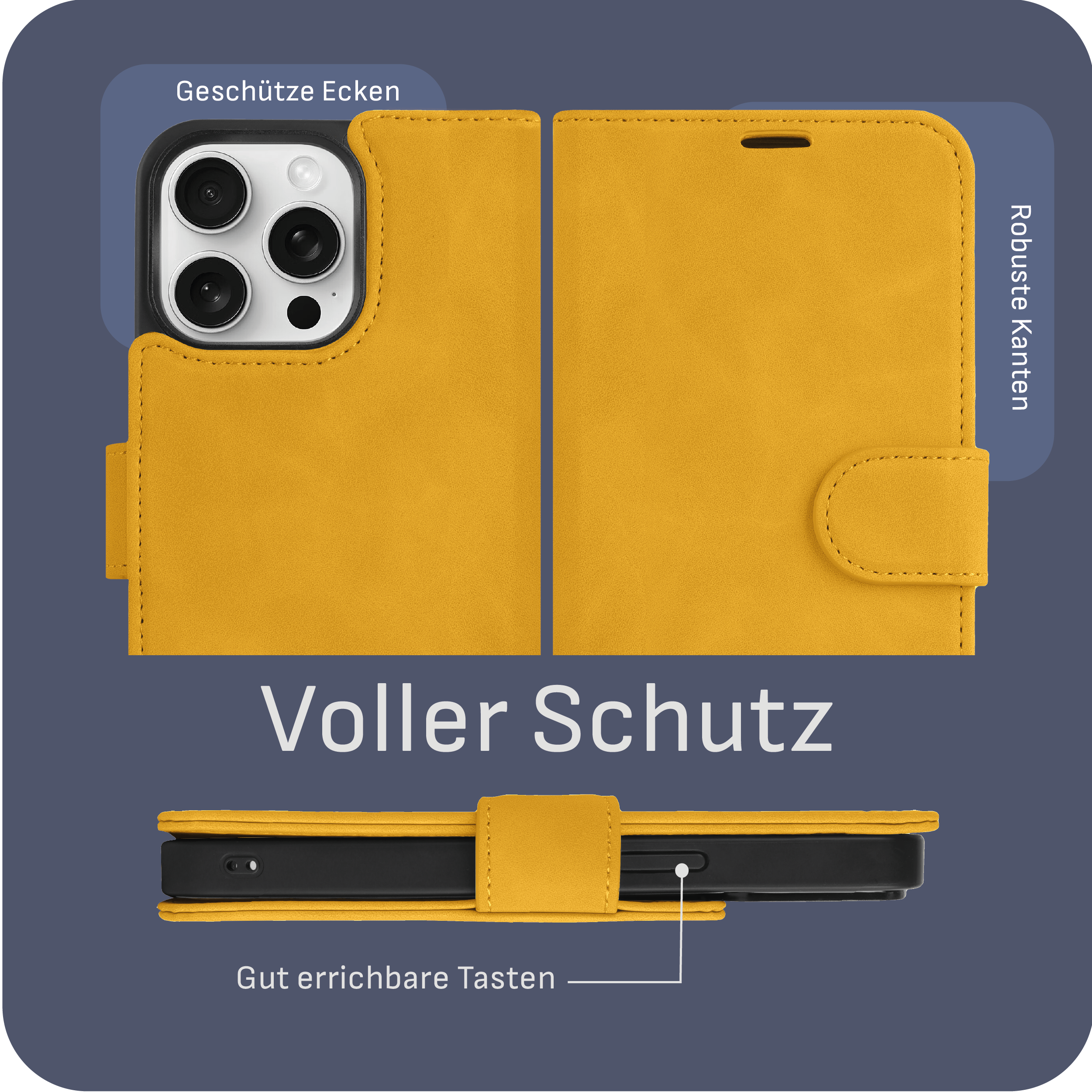Eine gelbe Handyhülle mit vollem Schutz, mit geschlossenem Deckel und schwarzer Innenhülle.